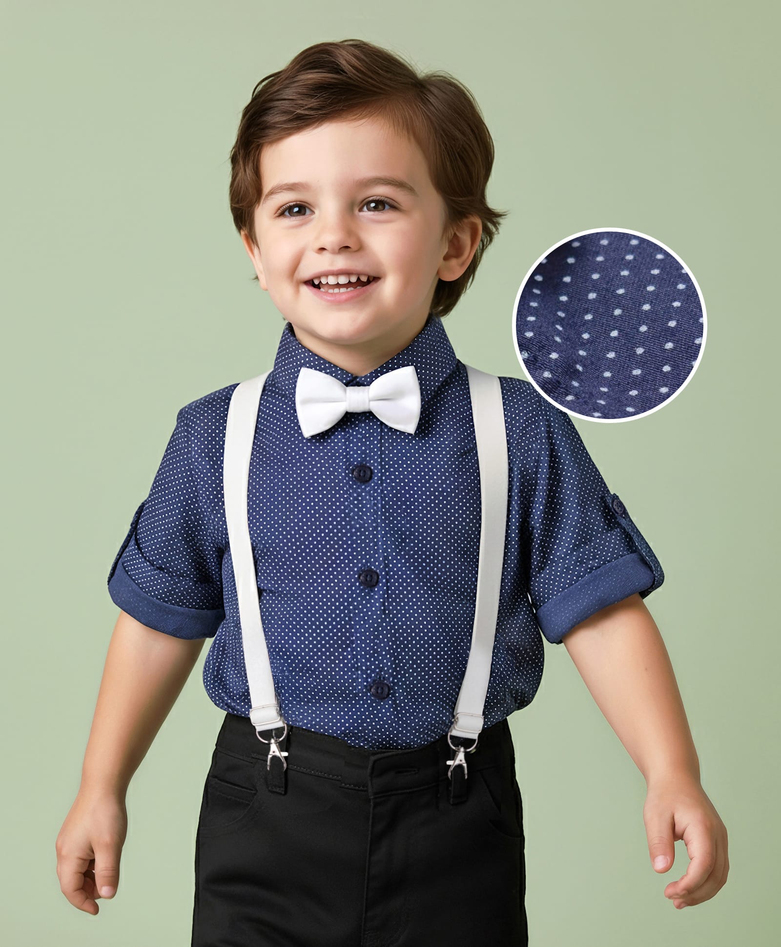 Mark & Mia Woven Full Sleeves Polka Dot Printed Party Shirt With Bow & Suspender - Navy Blue-picture-12