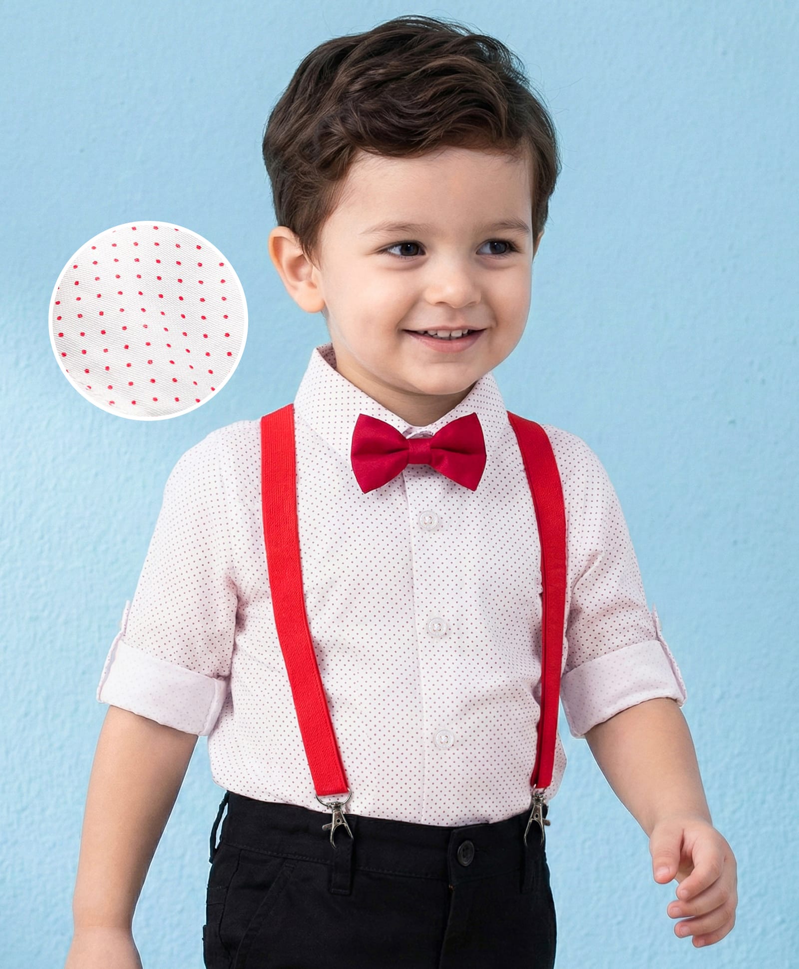Mark & Mia Woven Full Sleeves Party Shirt With Bow & Suspender with Polka Dots - White-picture-37