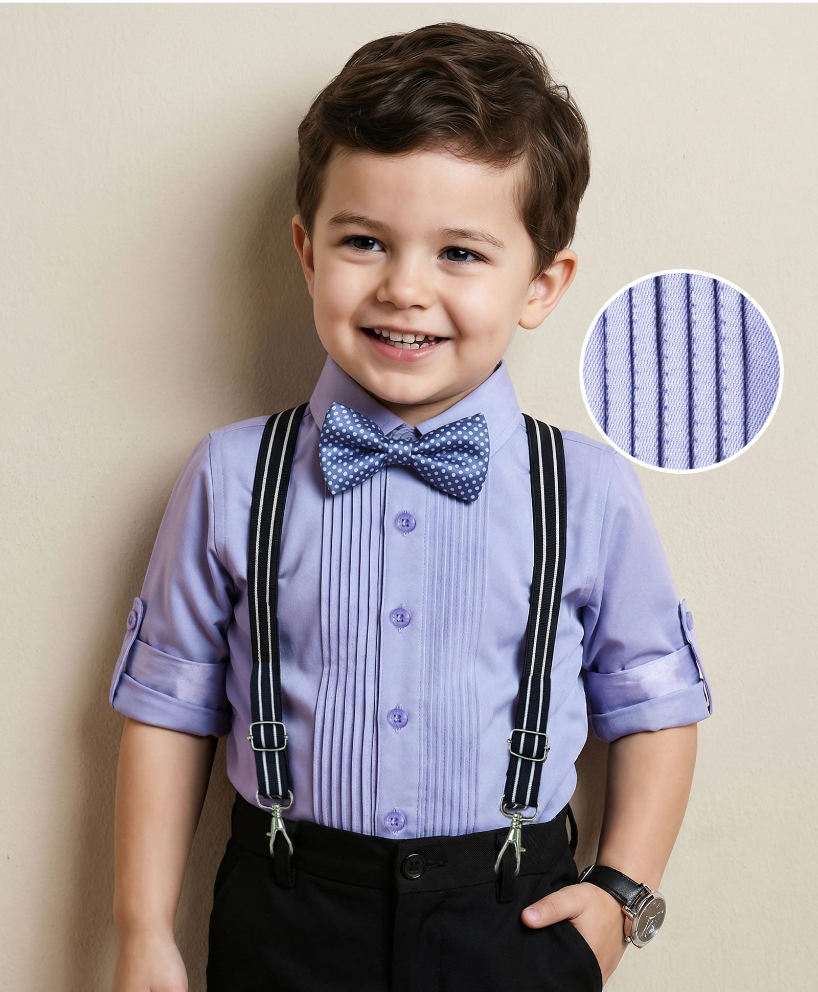 Mark & Mia Woven Full Sleeves Solid Color Pleated Party Shirt with Bow & Suspender Detailing - Blue-picture-37