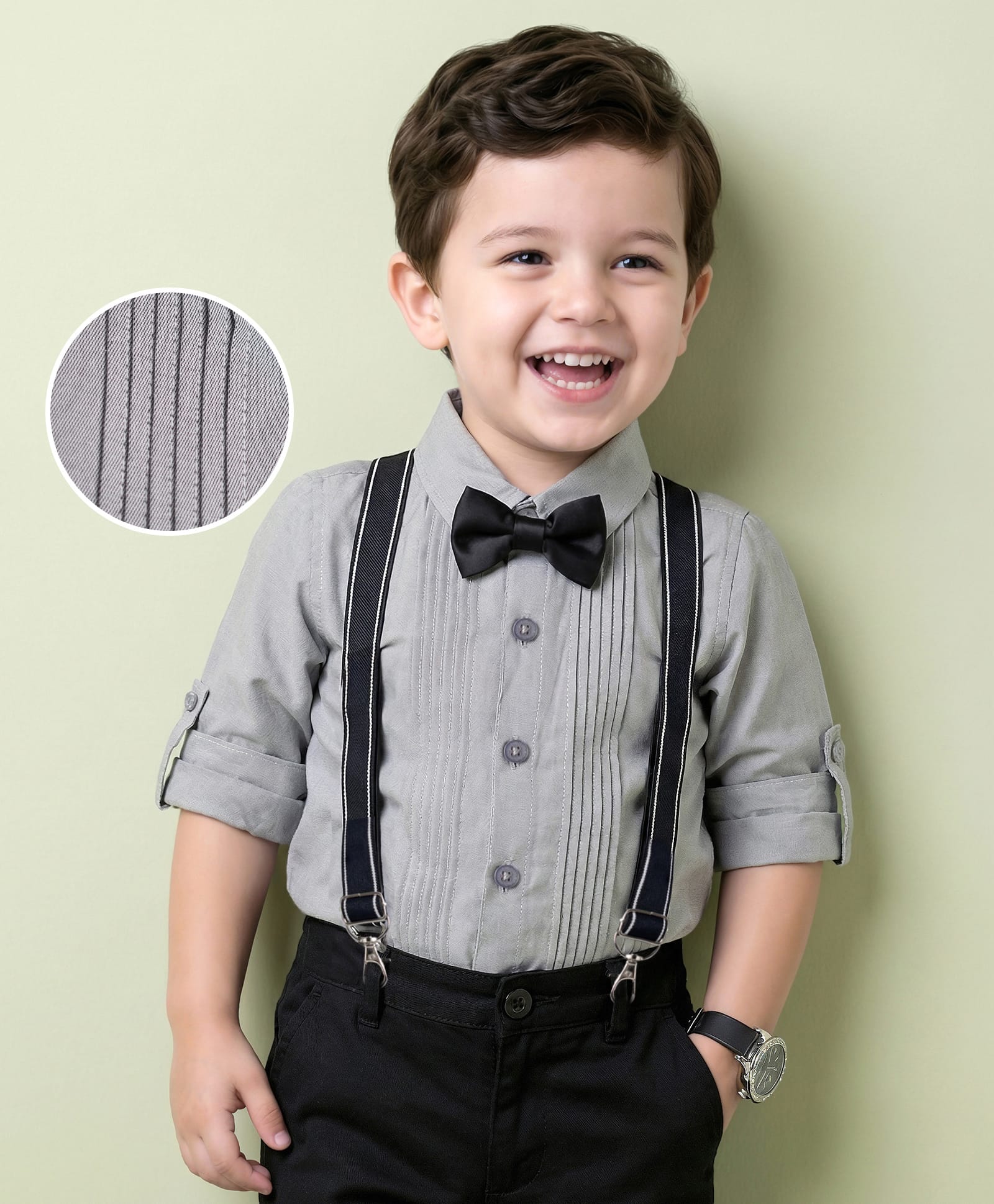 Mark & Mia Woven Full Sleeves Party Shirt with Stripes Bow & Suspender - Grey-picture-36