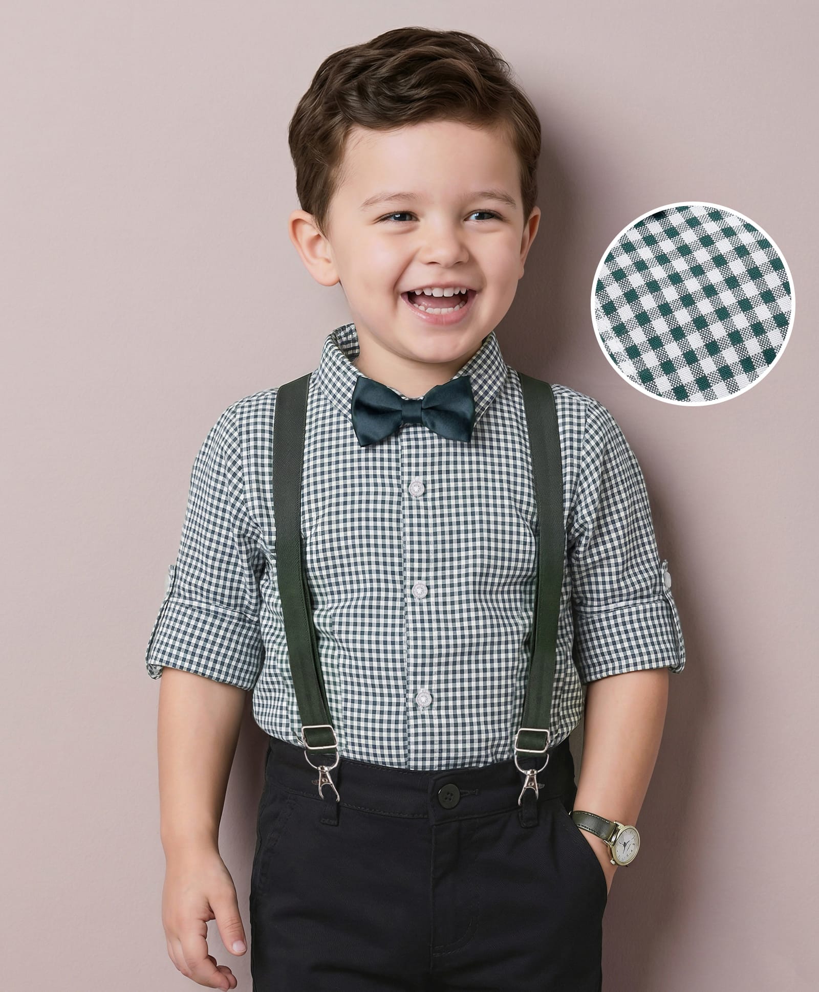Mark & Mia Woven Full Sleeves Party Shirt Bow & Suspendor and Checks - Dark Green-image-6