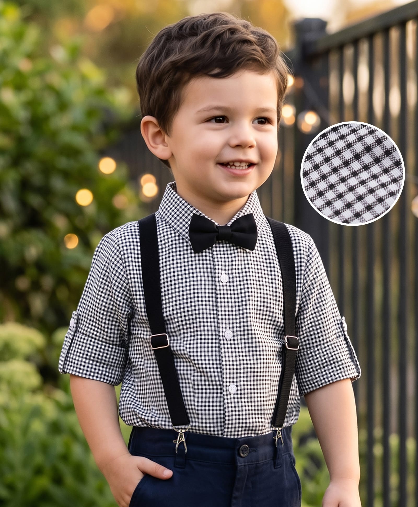 Mark & Mia Woven Full Sleeves Checks Party Shirt With Bow & Suspender - Black & White-picture-32