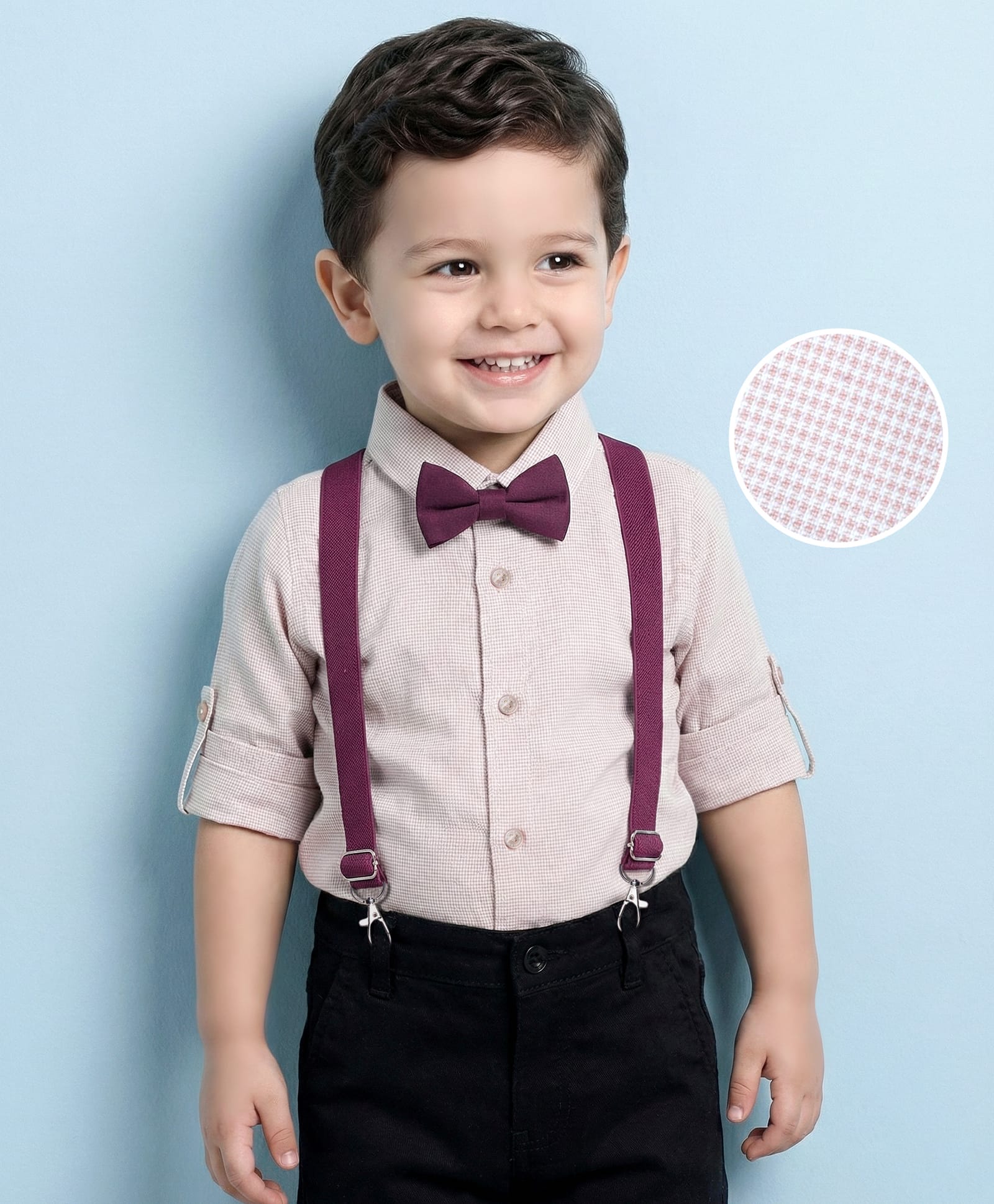 Mark & Mia Woven Full Sleeves Checkered Party Shirt with Bow & Suspender - Beige-picture-35