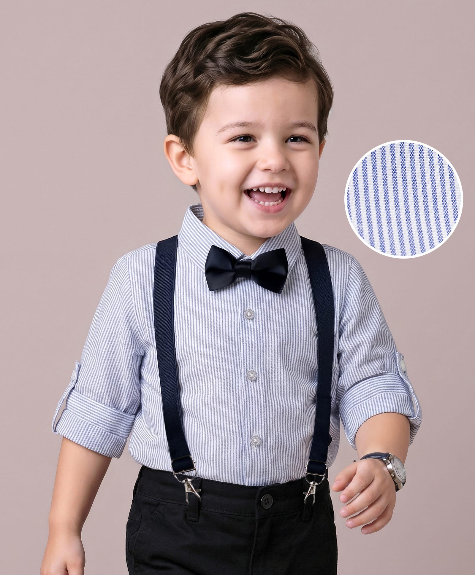 Mark & Mia Woven Full Sleeves Pleated Striped Party Shirt With Bow & Suspender - Blue-picture-18