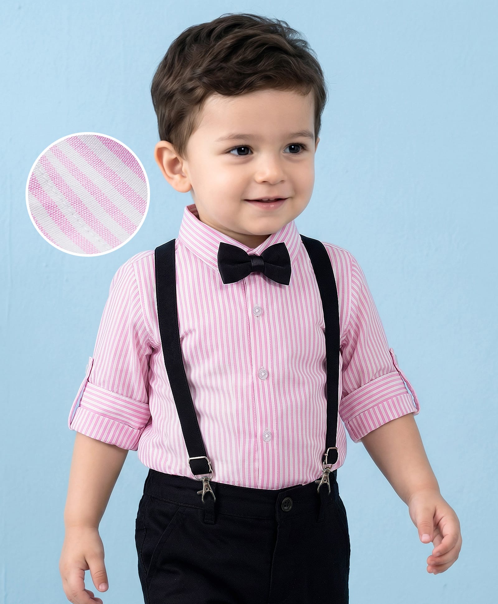 Mark & Mia Woven Full Sleeves Pleated Striped Party Shirt With Bow & Suspender - Pink-picture-22