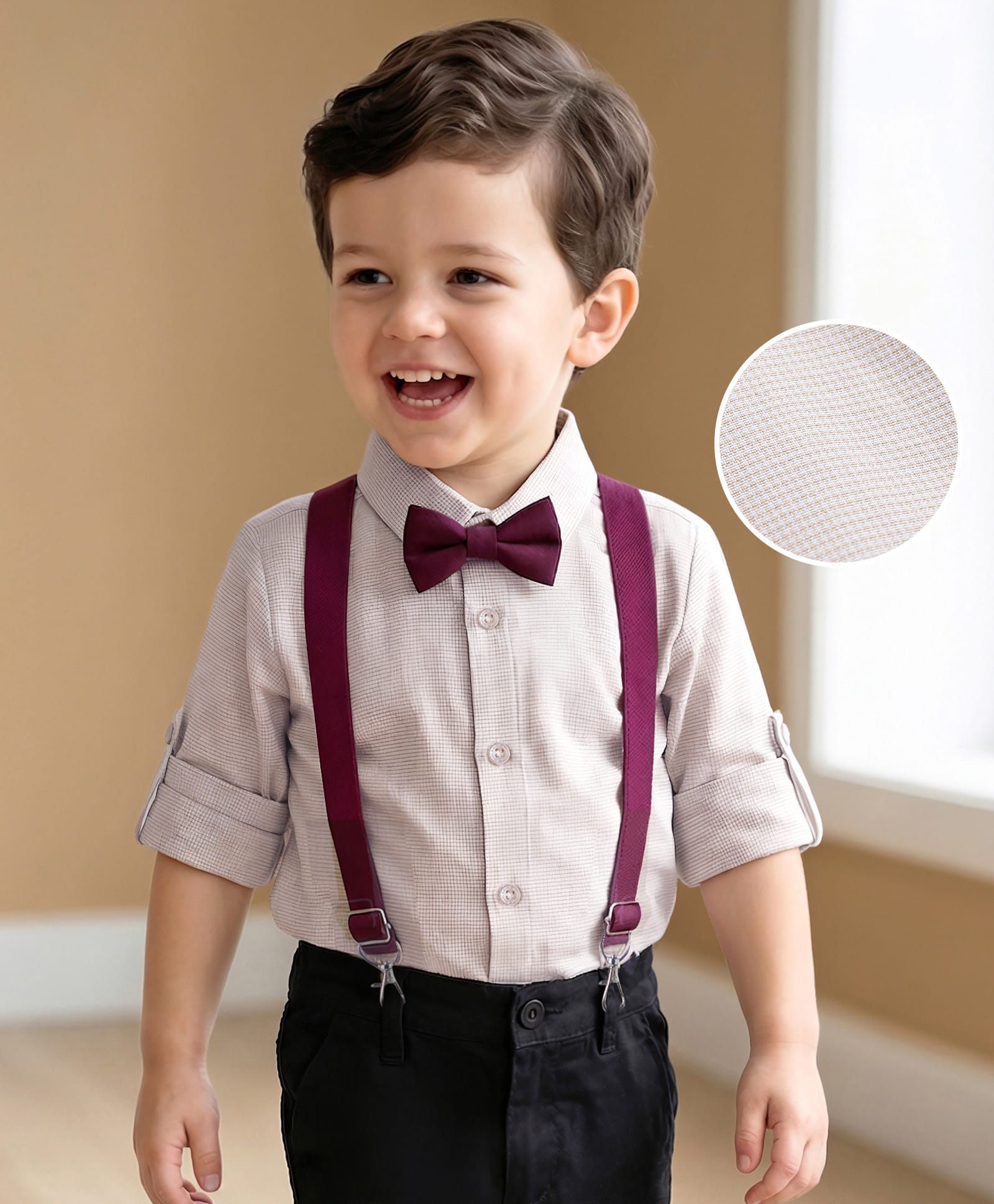 Mark & Mia Woven Full Sleeves Checkered Party Shirt with Bow & Suspender - Beige-picture-34