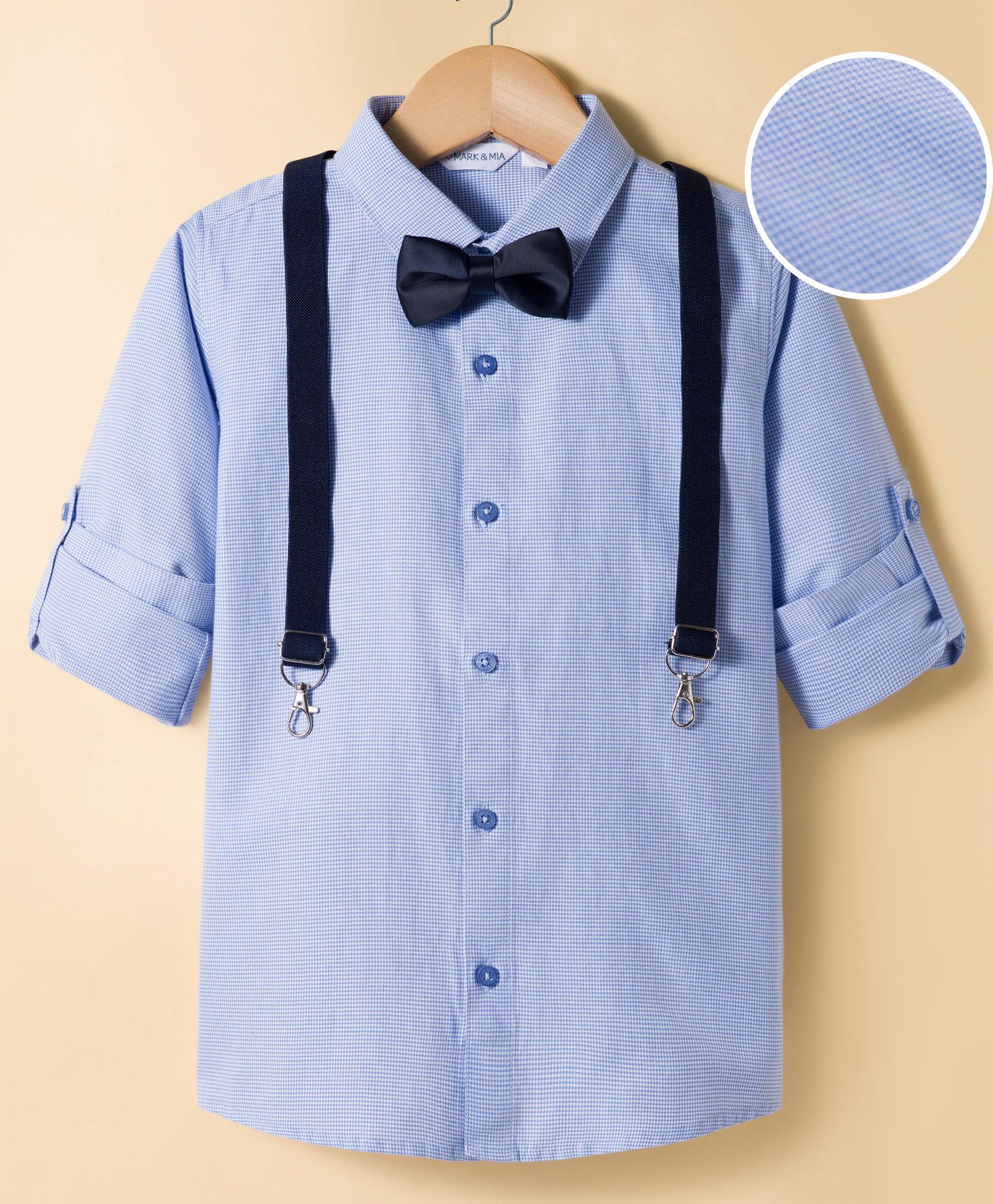 Mark & Mia Woven Full Sleeves Checkered Party Shirt with Bow & Suspender - Blue-picture-29