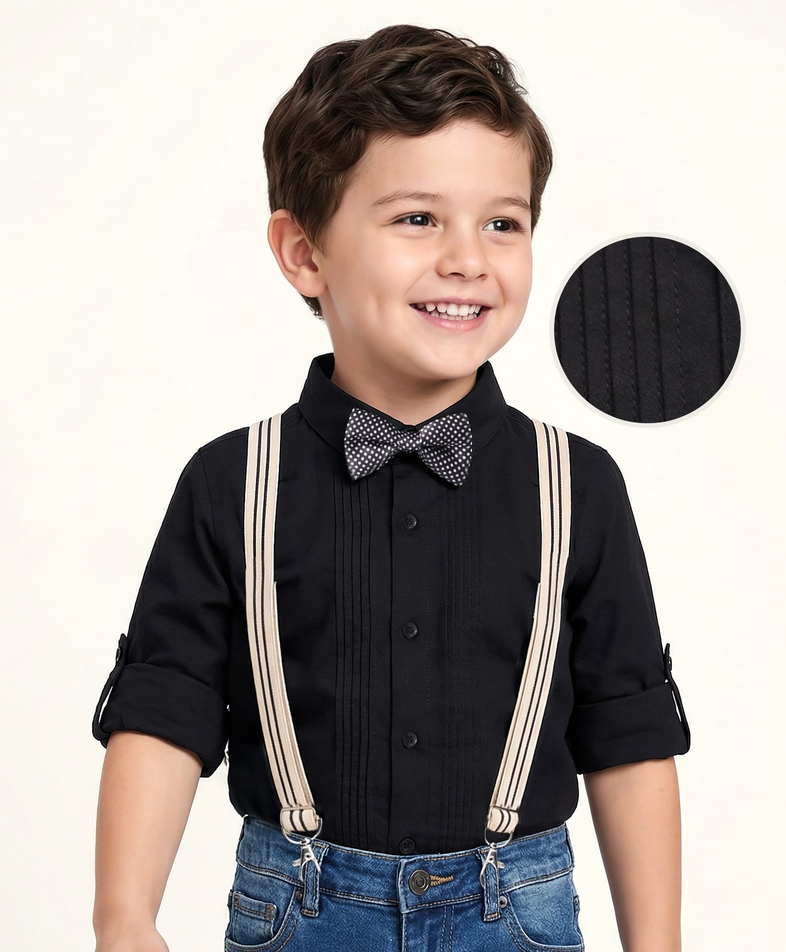 Mark & Mia Woven Full Sleeves Solid Party Shirt With Bow & Suspender Detailing - Black-picture-30