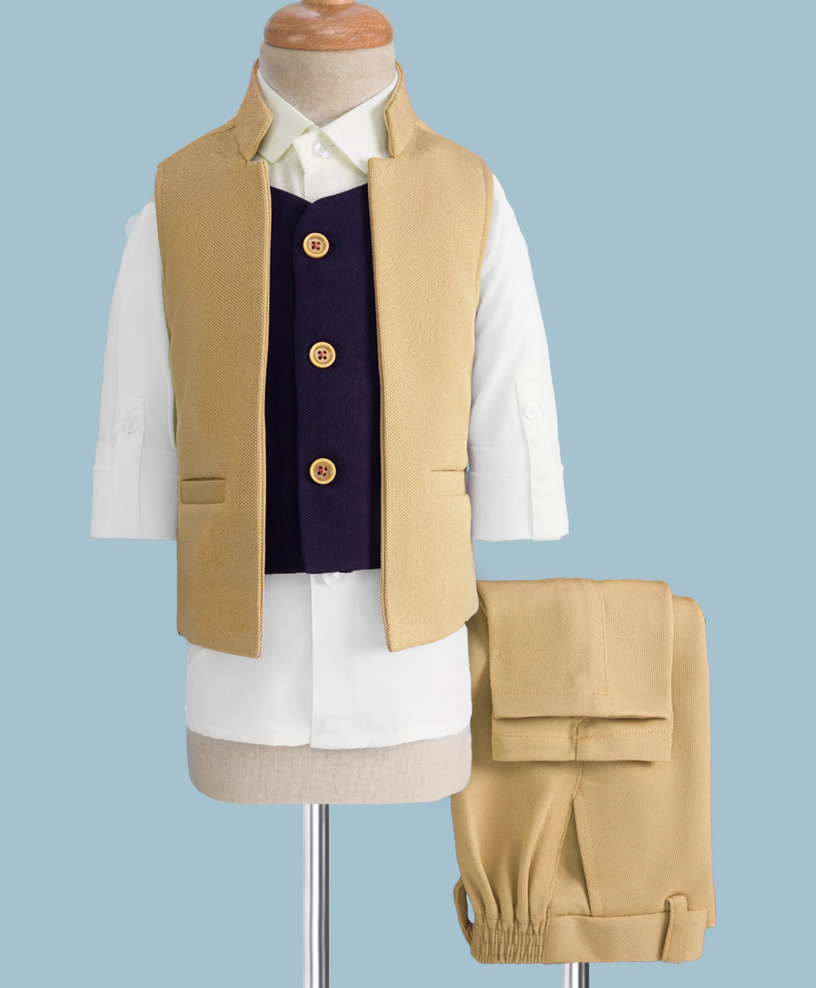 Rikidoos Full Sleeves Solid 3 Piece Party Suit - Fawn & White-picture-32
