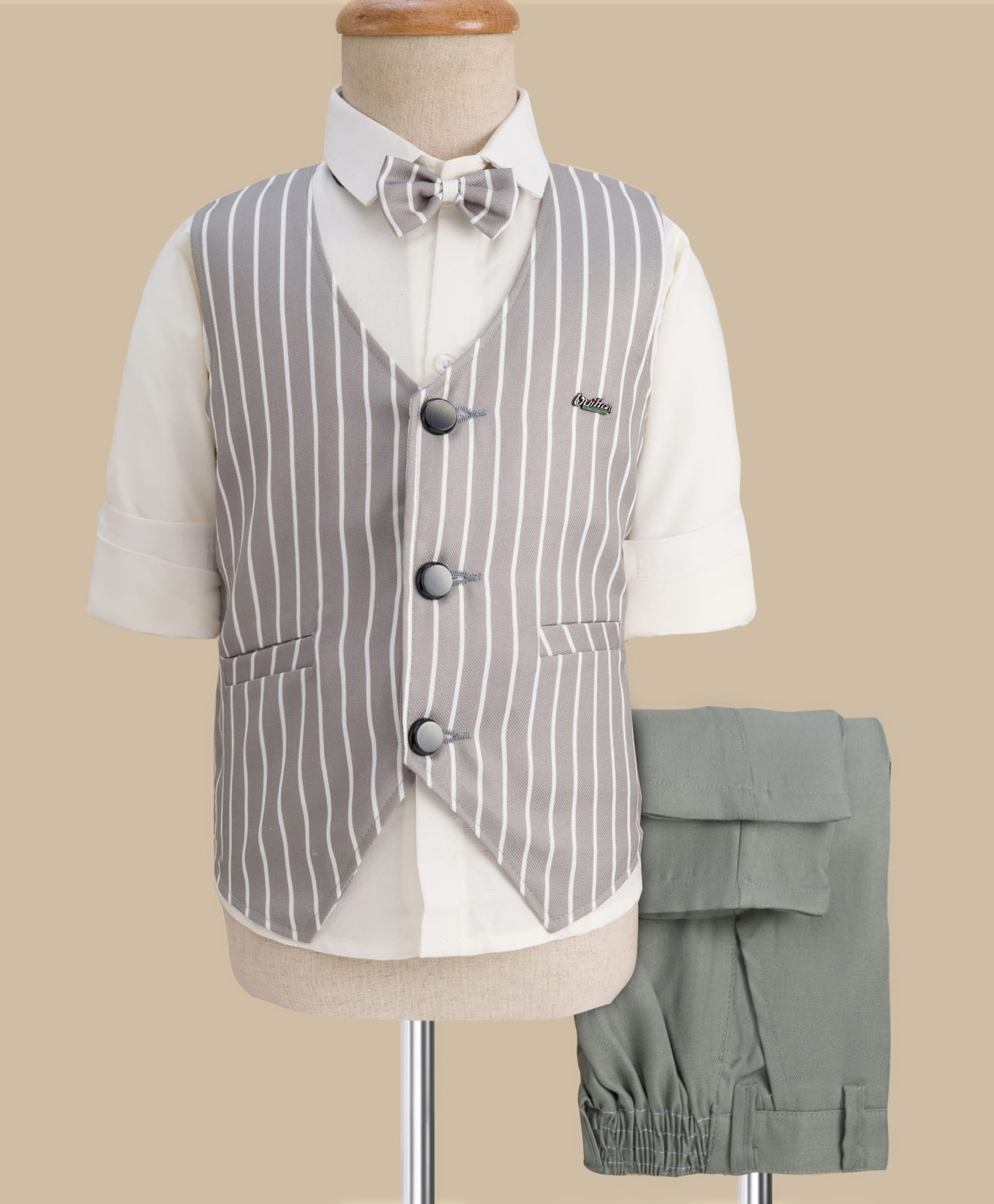 Rikidoos Full Sleeves Striped 3 Piece Party Suit With Bow Set - Olive & White-picture-37