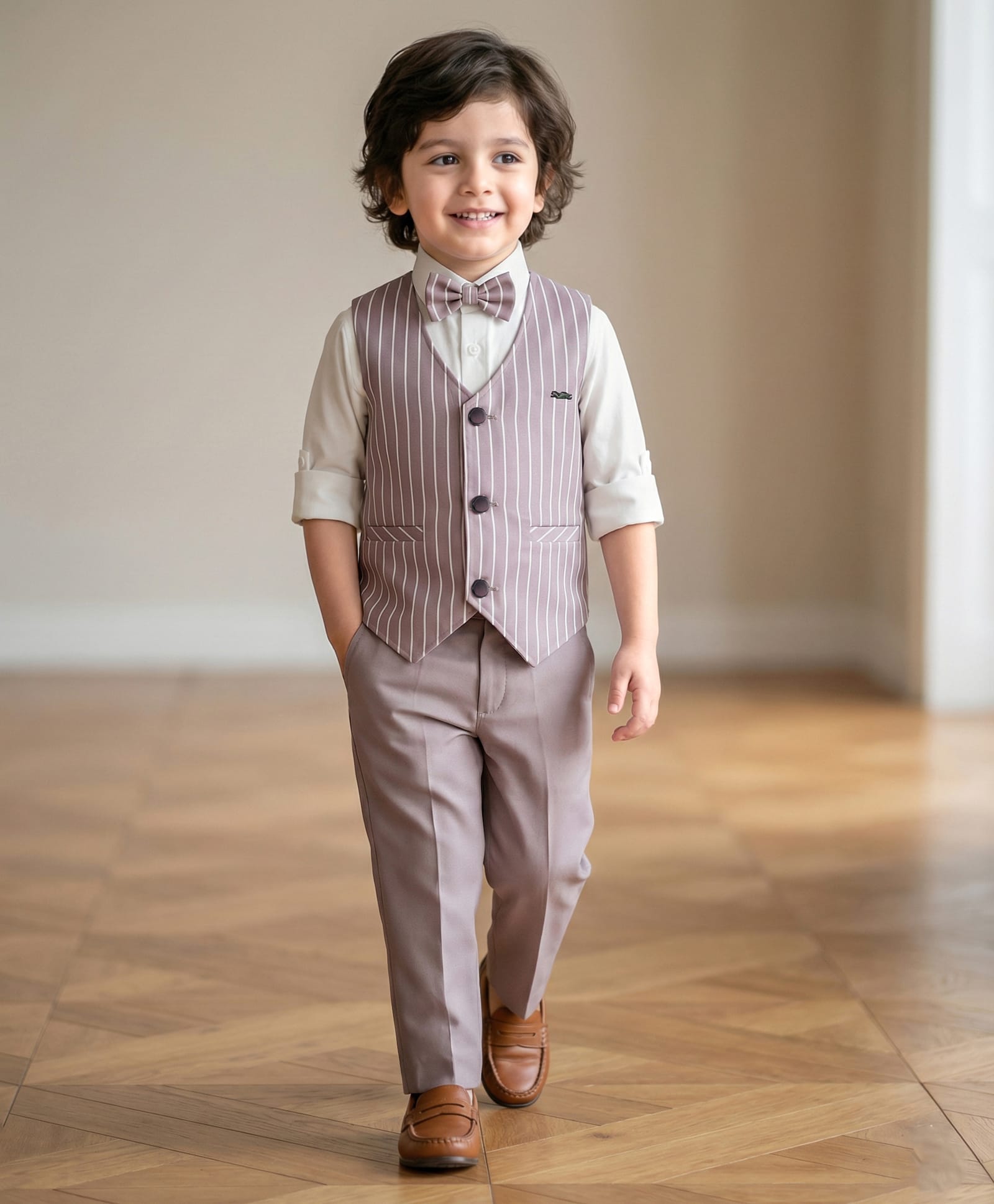 Rikidoos Full Sleeves Striped 3 Piece Party Suit With Bow Set - Grey & White-image-34