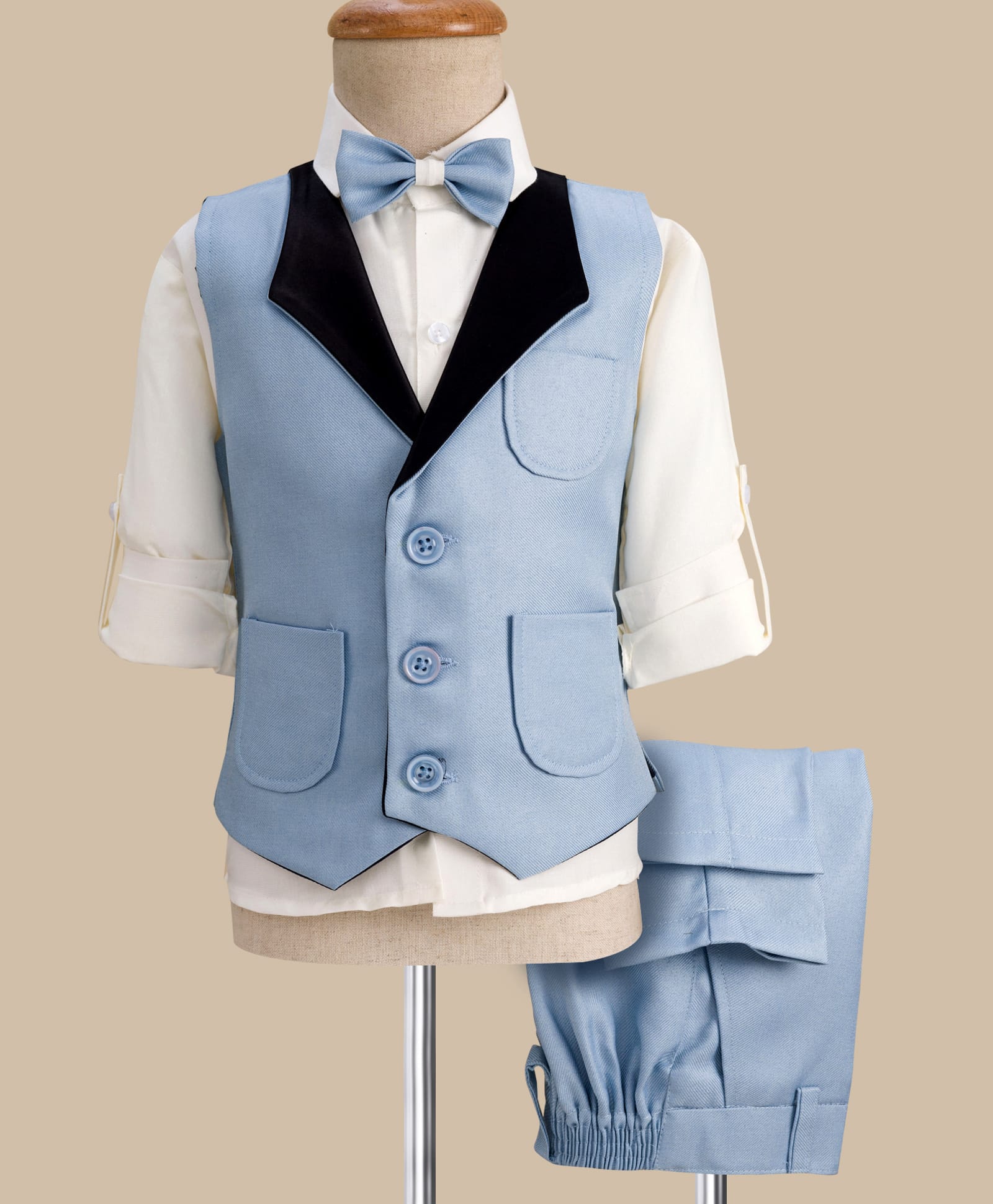 Rikidoos Full Sleeves Colour Blocked 3 Piece Party Suit Set With Bow - Sky Blue & White-picture-10