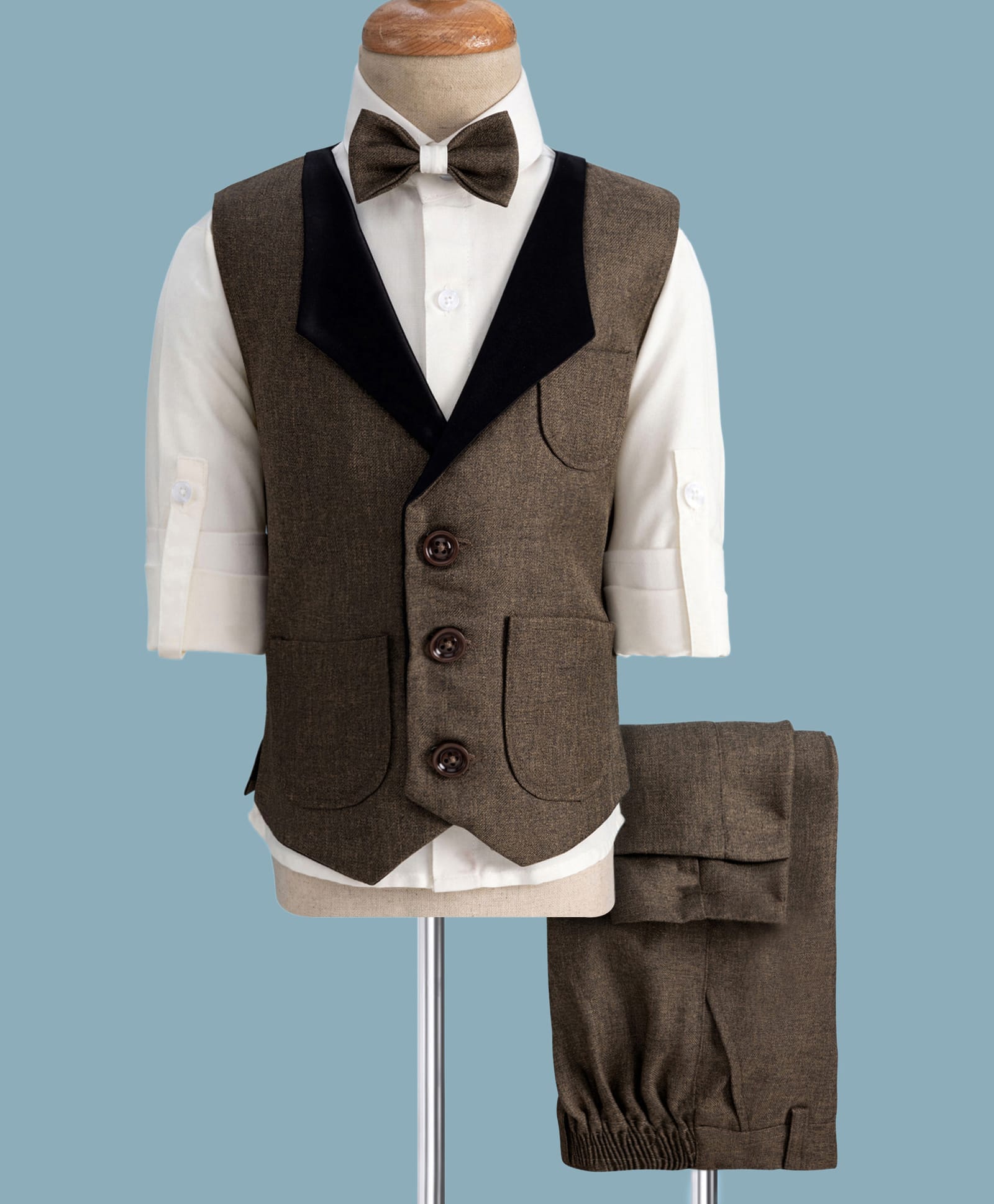 Rikidoos Full Sleeves Colour Blocked 3 Piece Party Suit Set With Bow - Brown & White-image-47