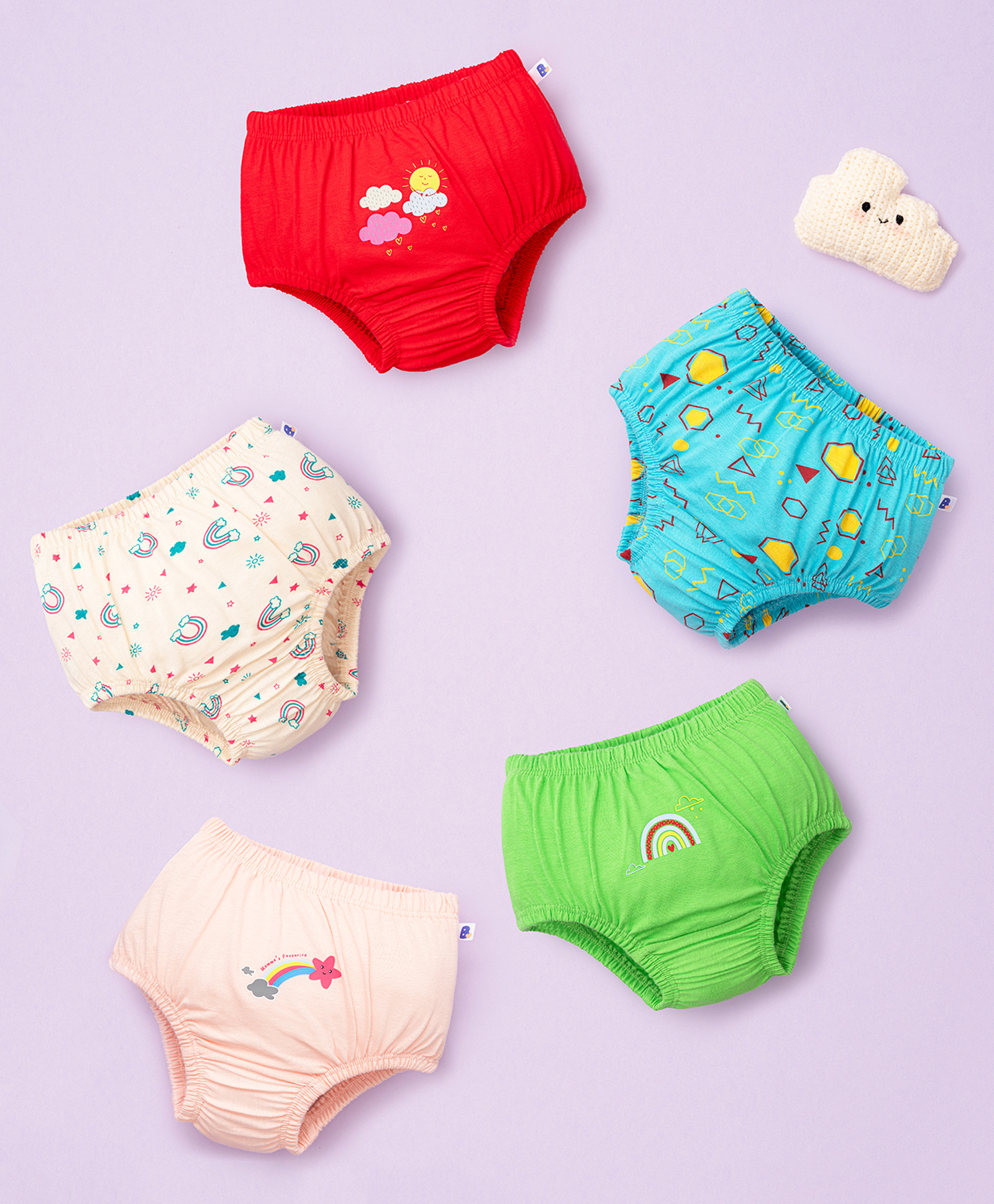 SuperBottoms Pure Cotton Knit Pack Of 5 Rainbow & Clouds Printed Briefs - Multi Colour-picture-16