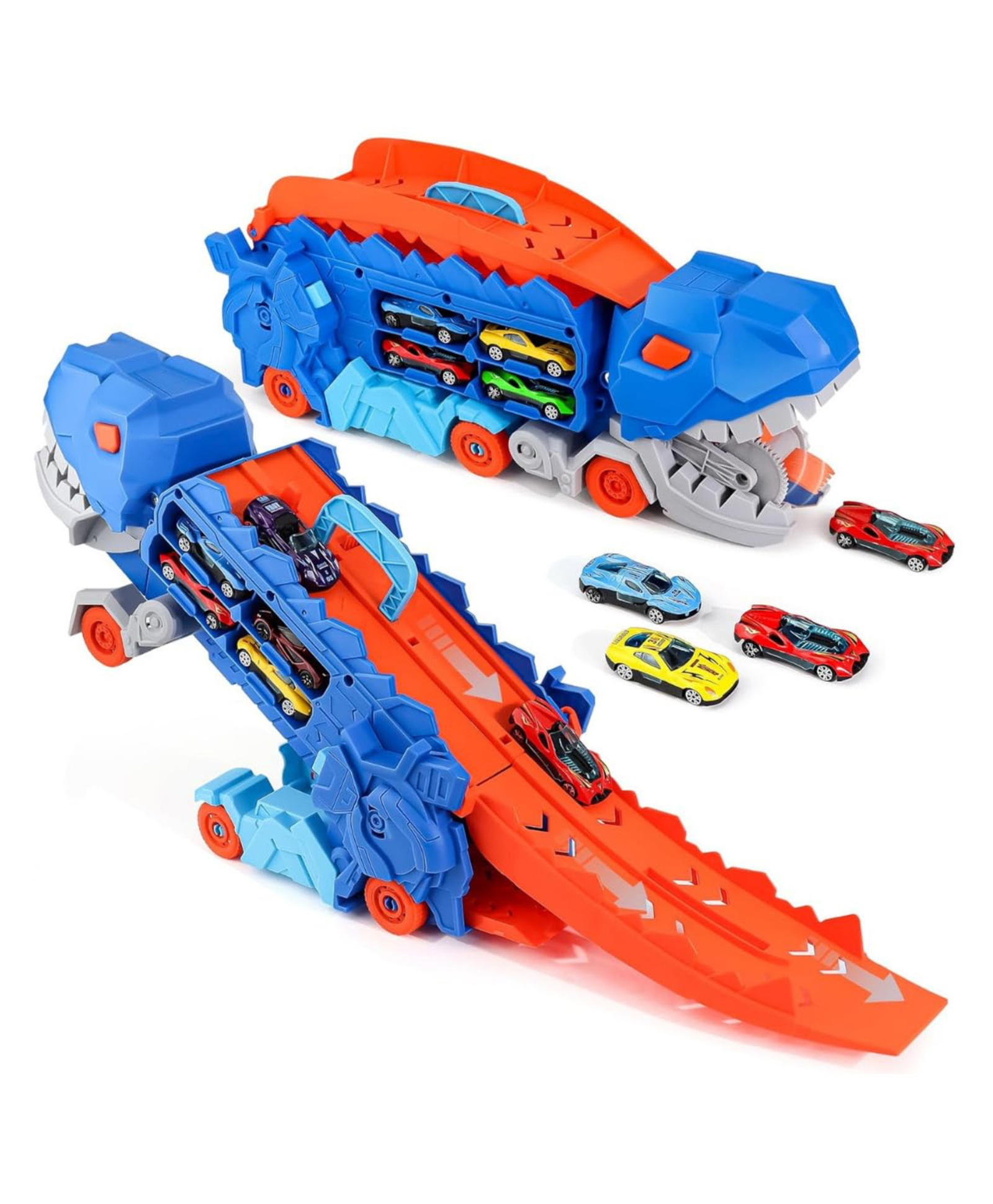Yamama 3-in-1 Dinosaur Transport Truck Toy with Alloy Cars, Dual Track Ramp & Storage Transforming T-Rex Carrier for Boys Aged 36 Years-picture-15