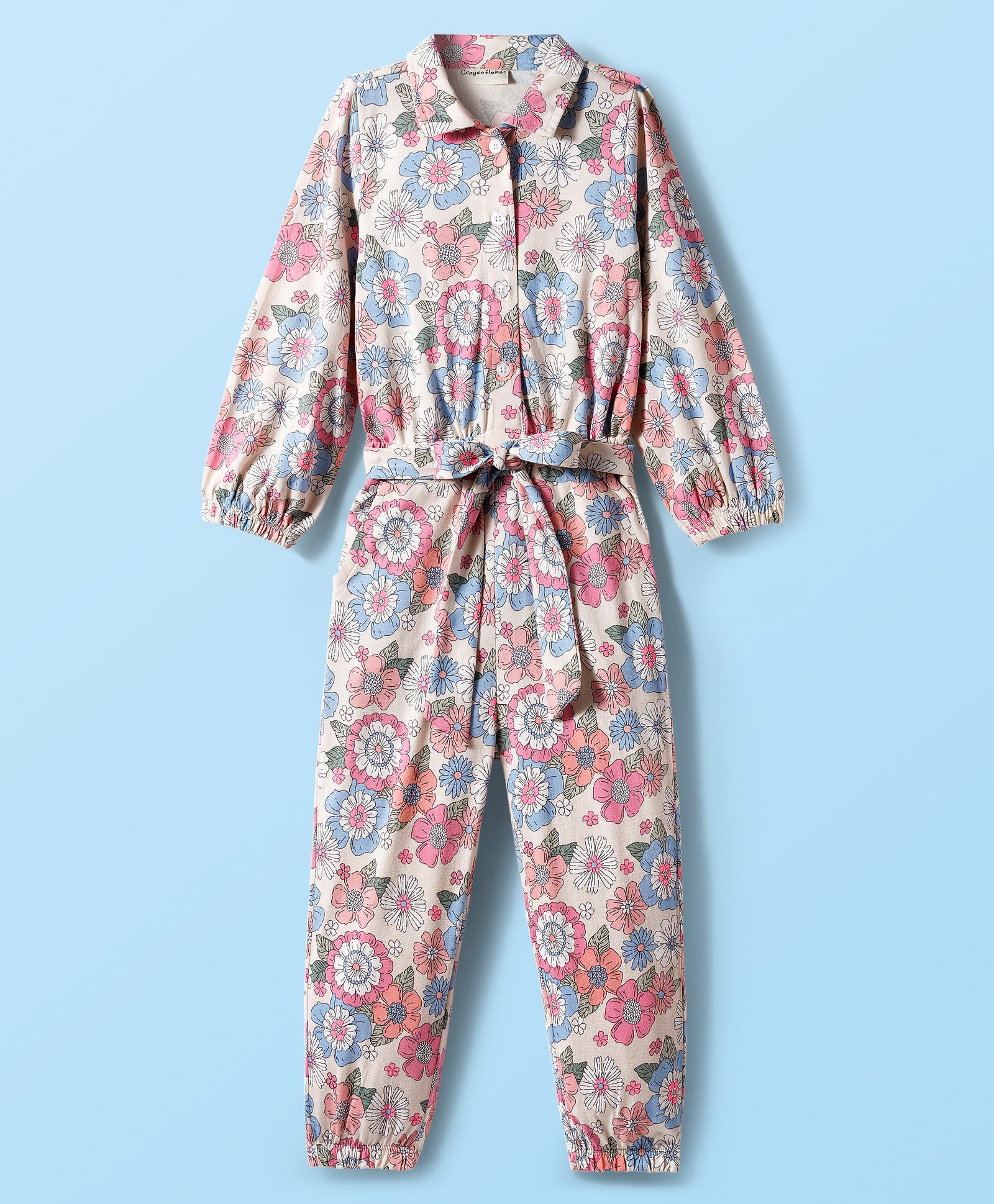 CrayonFlakes Cotton Knit Full Sleeves Floral Printed Belted Jumpsuit - Off White-picture-21