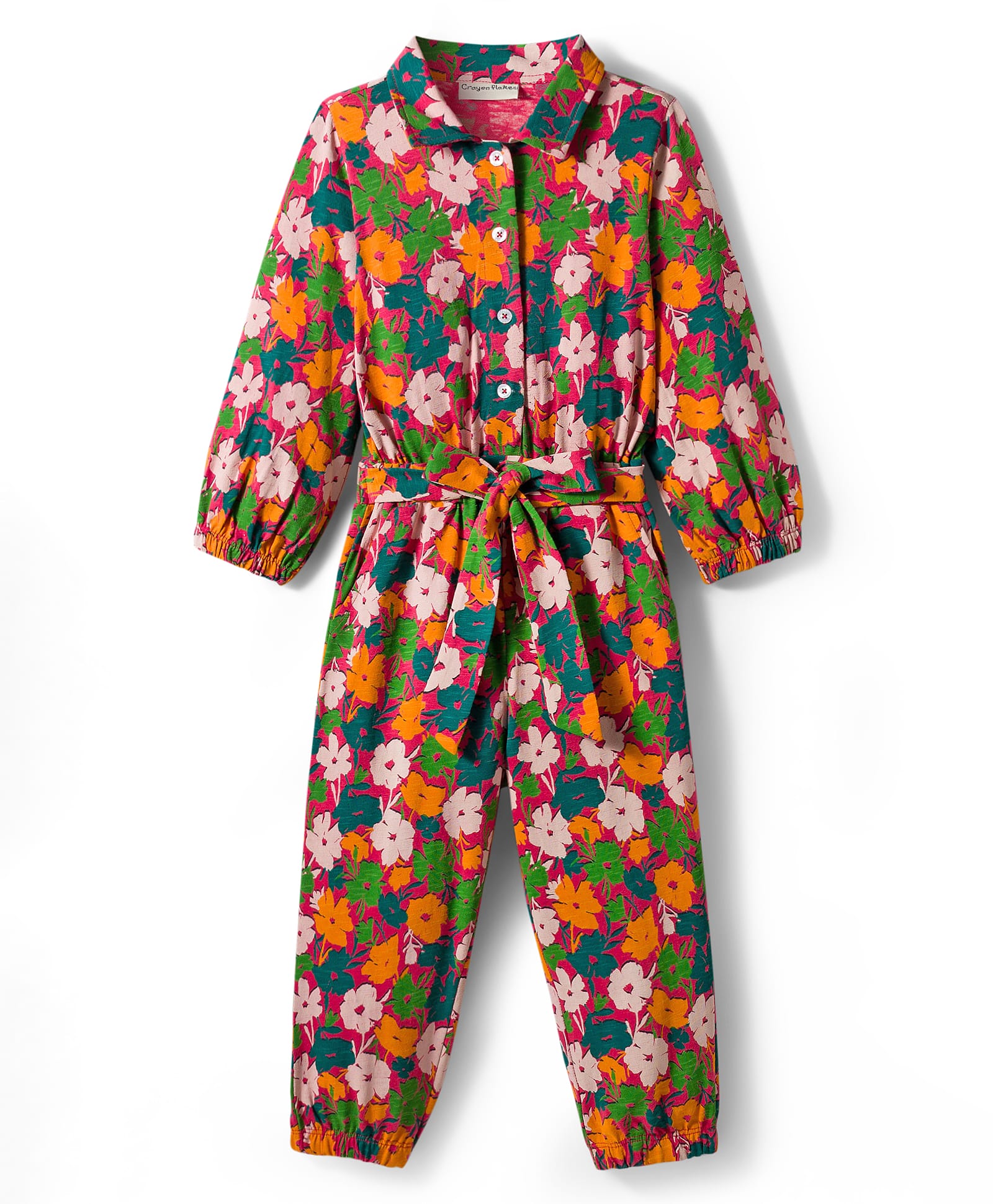 CrayonFlakes Cotton Knit Full Sleeves Floral Printed Belted Jumpsuit - Magenta-picture-24