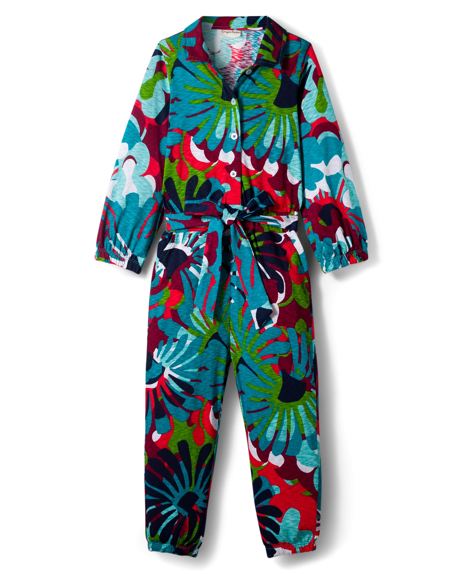 CrayonFlakes Cotton Knit Full Sleeves Floral Printed Belted Jumpsuit - Multi Colour-picture-20