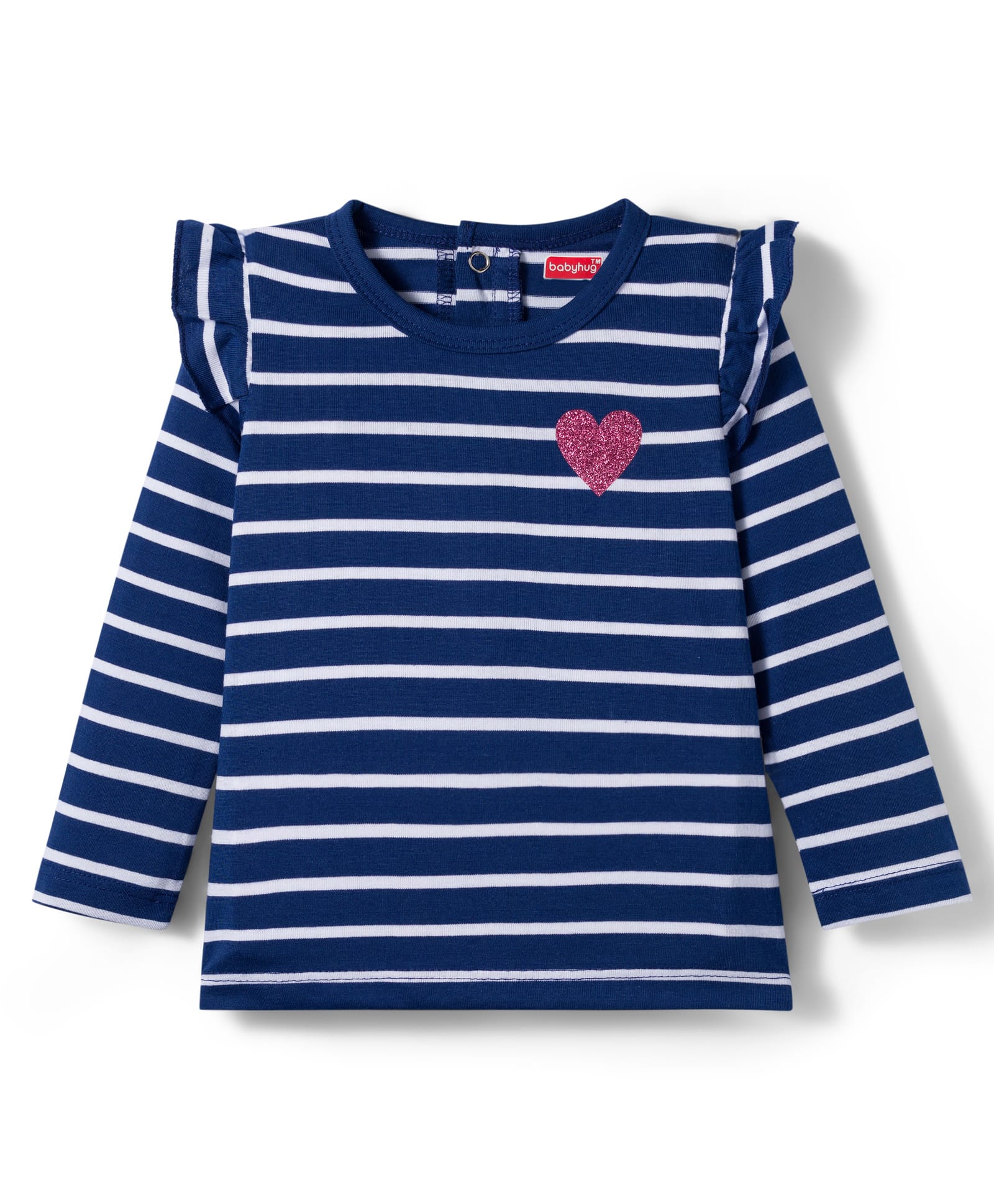Babyhug Knit Full Sleeves Striped T-Shirt with Heart Glitter Print - Navy Blue-image-48