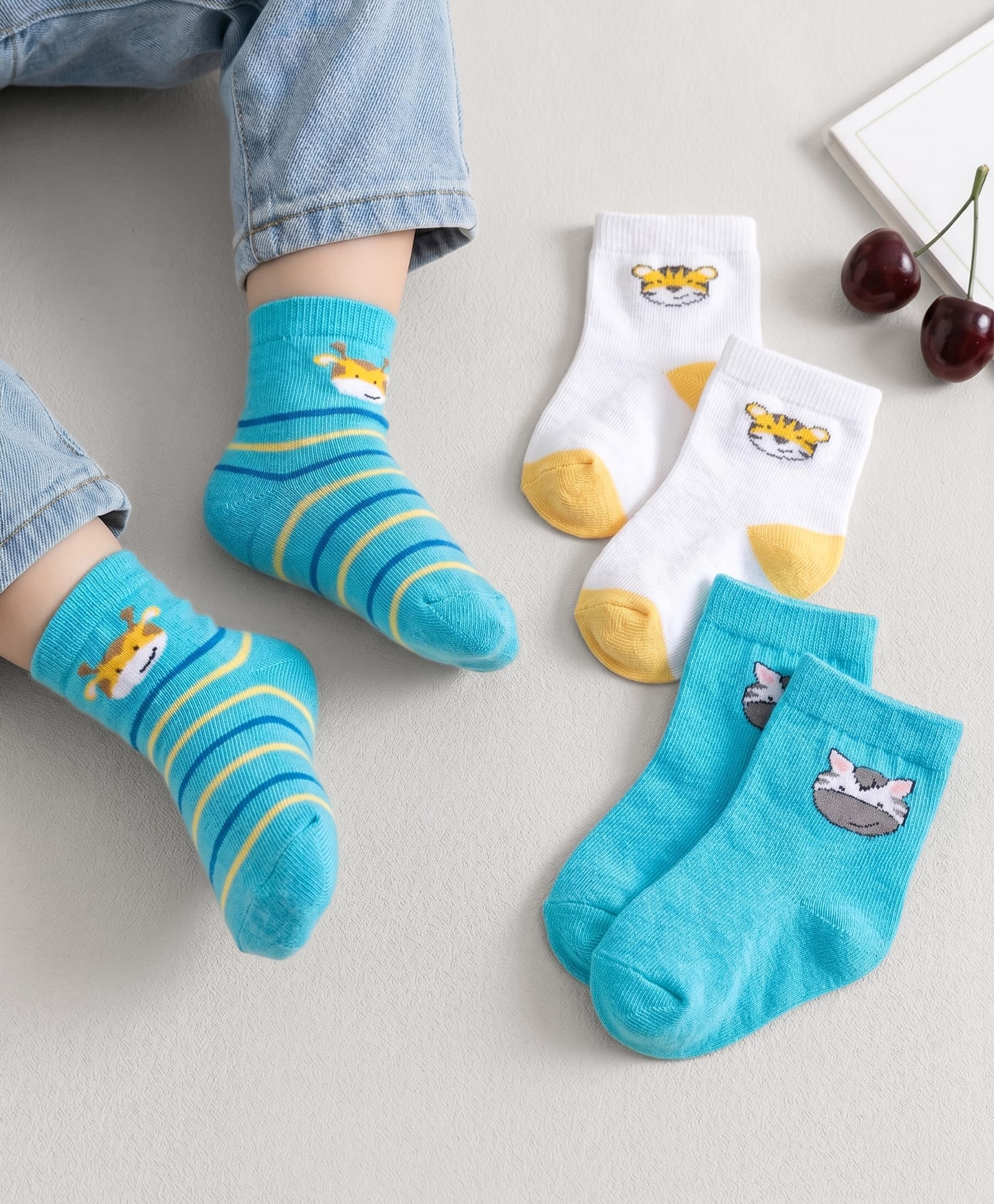 Cute Walk by Babyhug Ankle Length Antibacterial Socks With Stripes & Cat Print Pack Of 3 - Light Blue & White-image-49