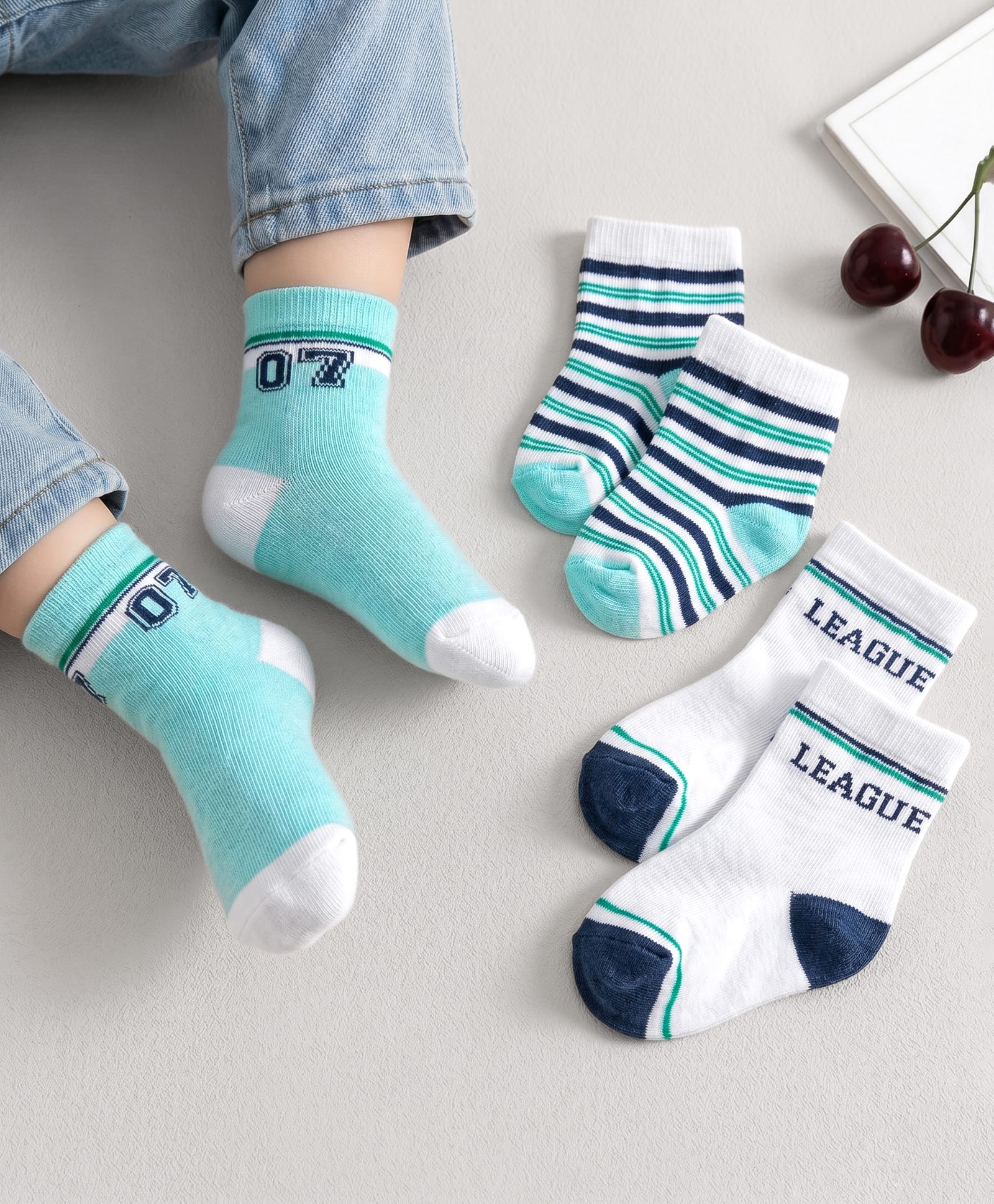 Cute Walk by Babyhug Ankle Length Antibacterial Socks With Stripes Pack Of 3 - White & Aqua-image-29