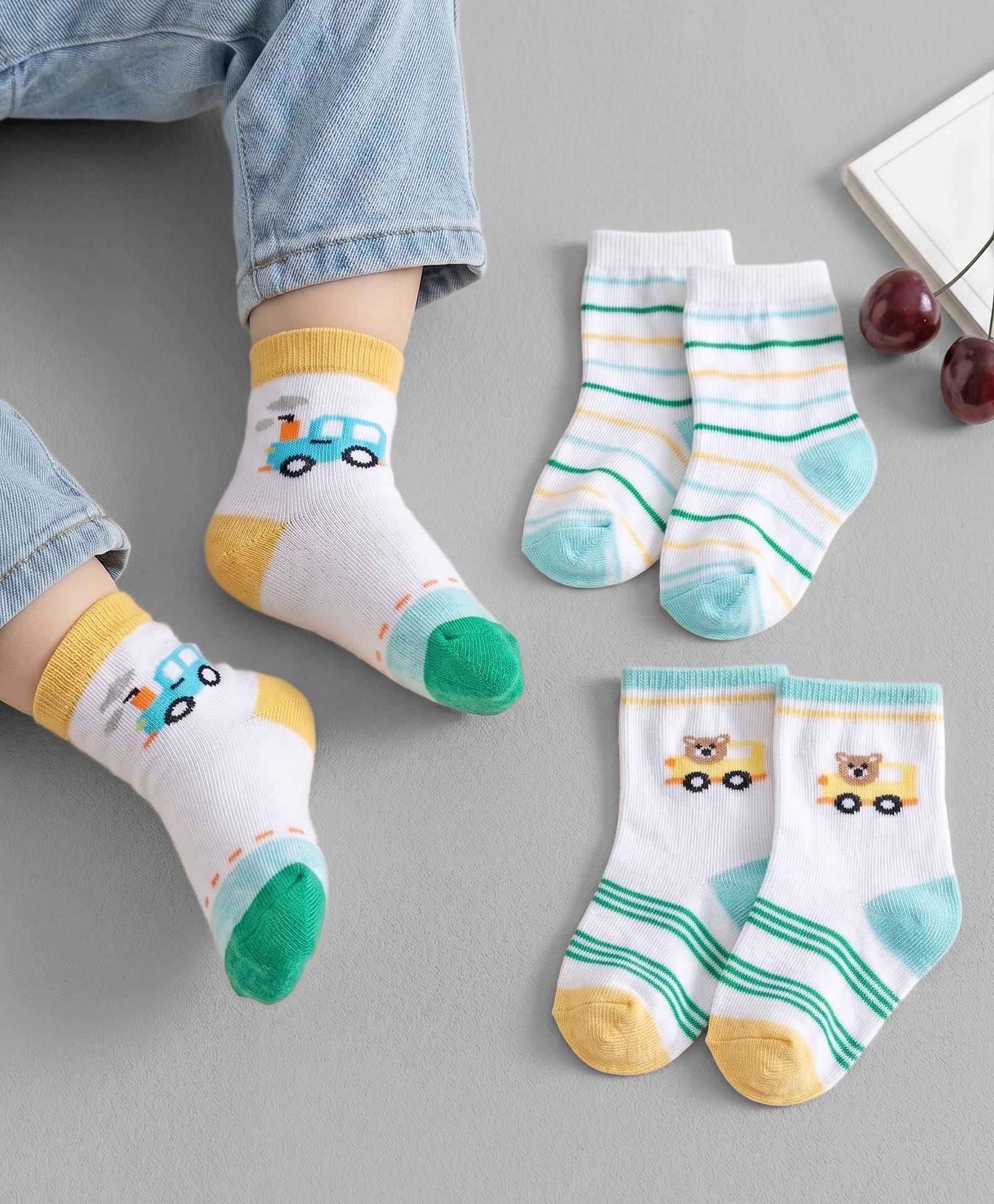 Cute Walk by Babyhug Ankle Length Antibacterial Socks With Stripes & Vehicle Print Pack Of 3 - Green & White-image-29