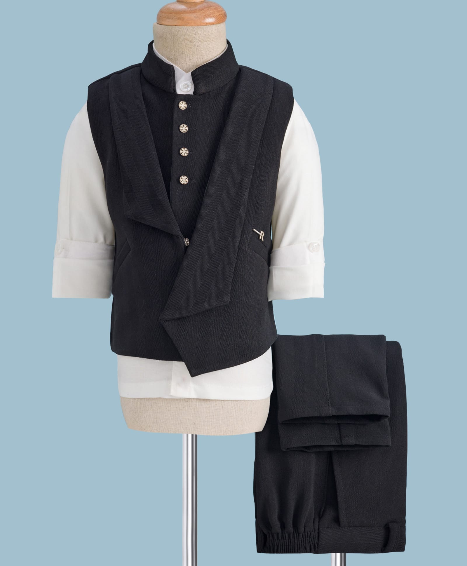 Rikidoos Full Sleeves Solid Shirt 3 Piece Party Suit - Black & White-picture-21