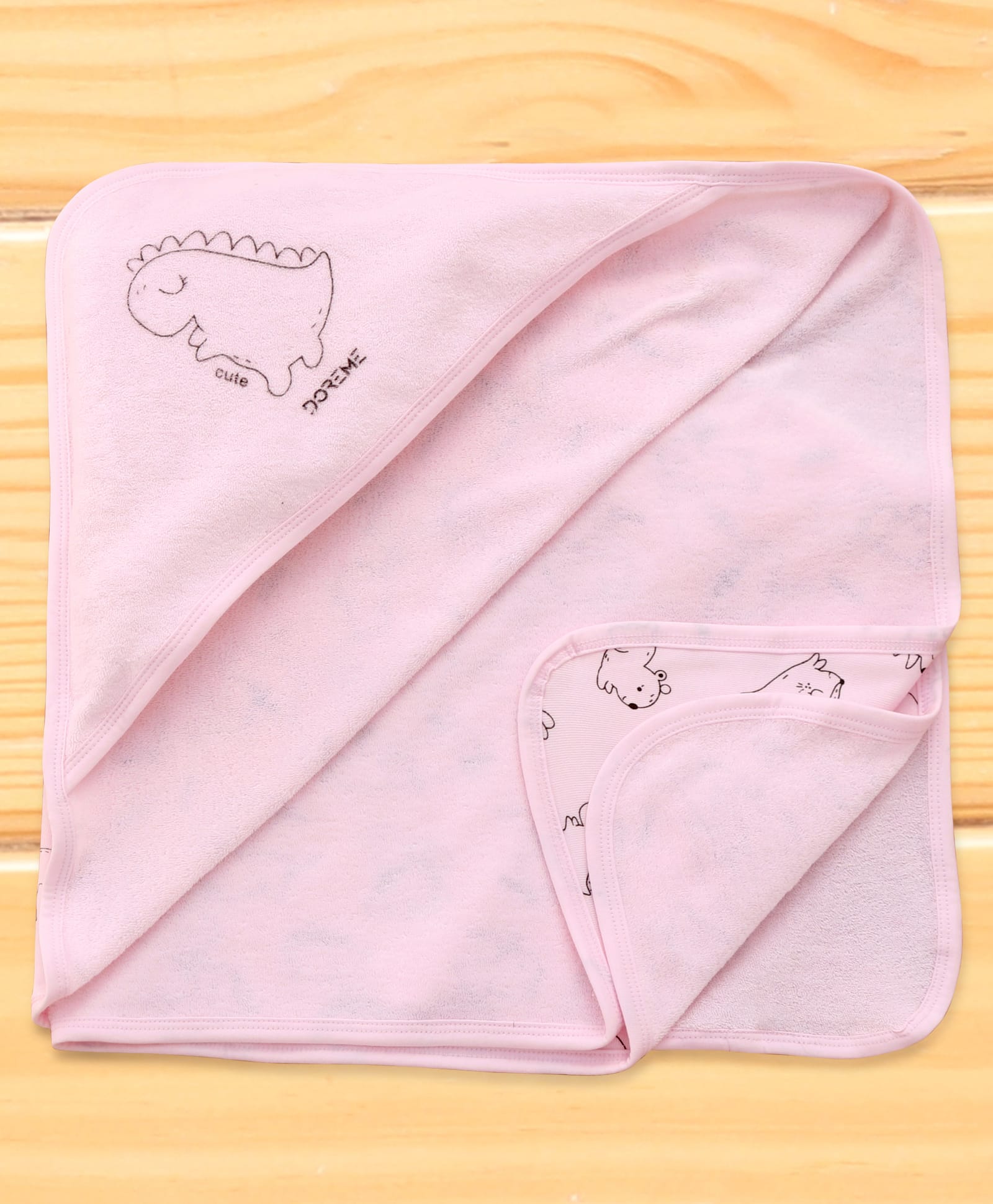 Doreme Interlock Knit Hooded Towel & Wrappers With Dino Print L 82 x B 81 cm - Pink-image-42