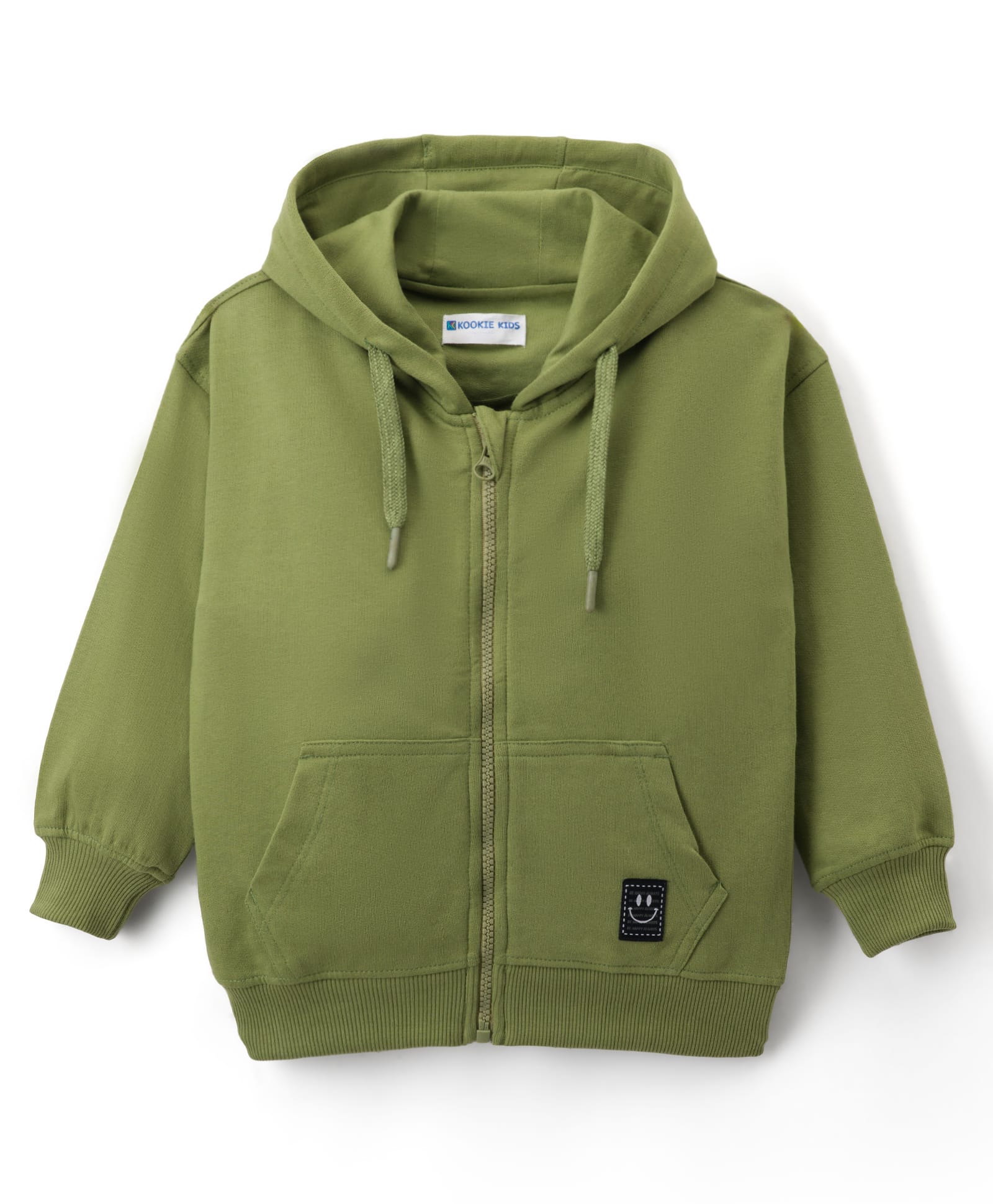kookie kids india Kookie Kids Terry Knit Full Sleeves Solid Color Hooded SweatJacket with Kangaroo Pocket - Olive Green-picture-17