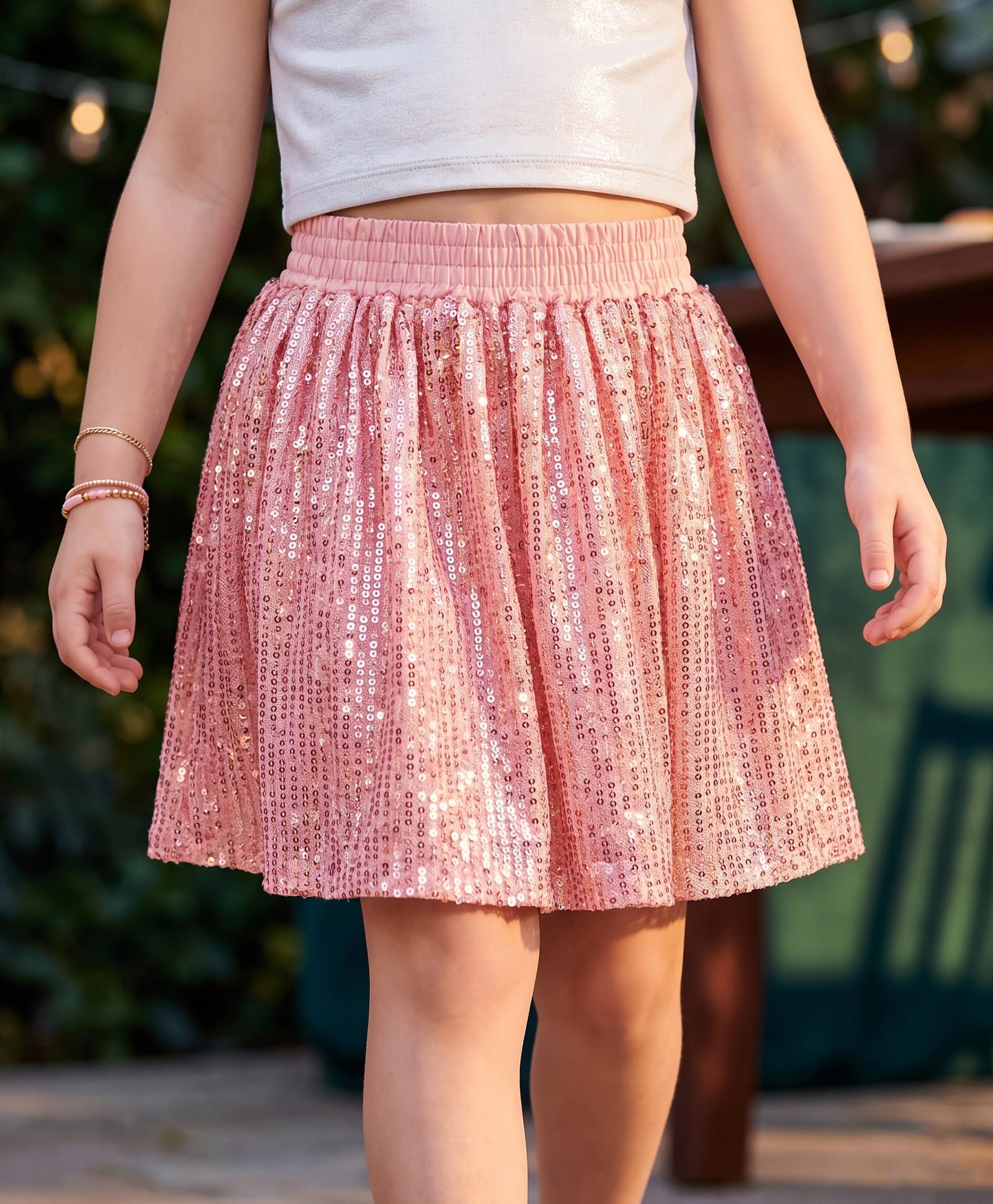kookie kids india Kookie Kids Woven Above Knee Length Flared Skirt with with Sequin Detailing Elasticated Band & Inner Lining - Peach-picture-21