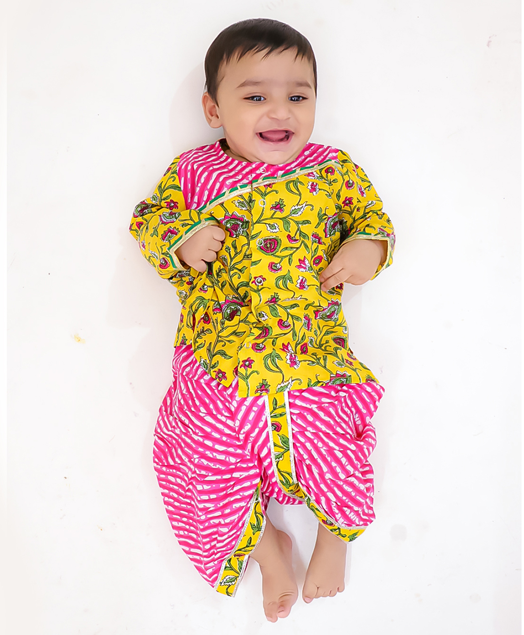 BownBee Pure Cotton Woven Full Sleeves Floral Printed Gota Lace Embellised Kurta Dhoti Set - Yellow-picture-16