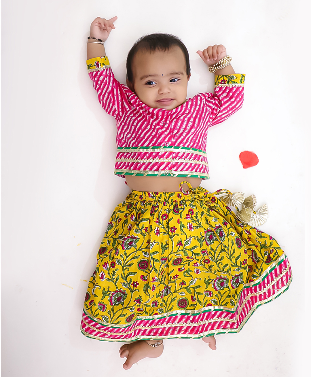 BownBee Pure Cotton Woven Three Fourth Sleeves Floral Printed Gota Lace Embellished Lehenga Choli Set - Pink-picture-22