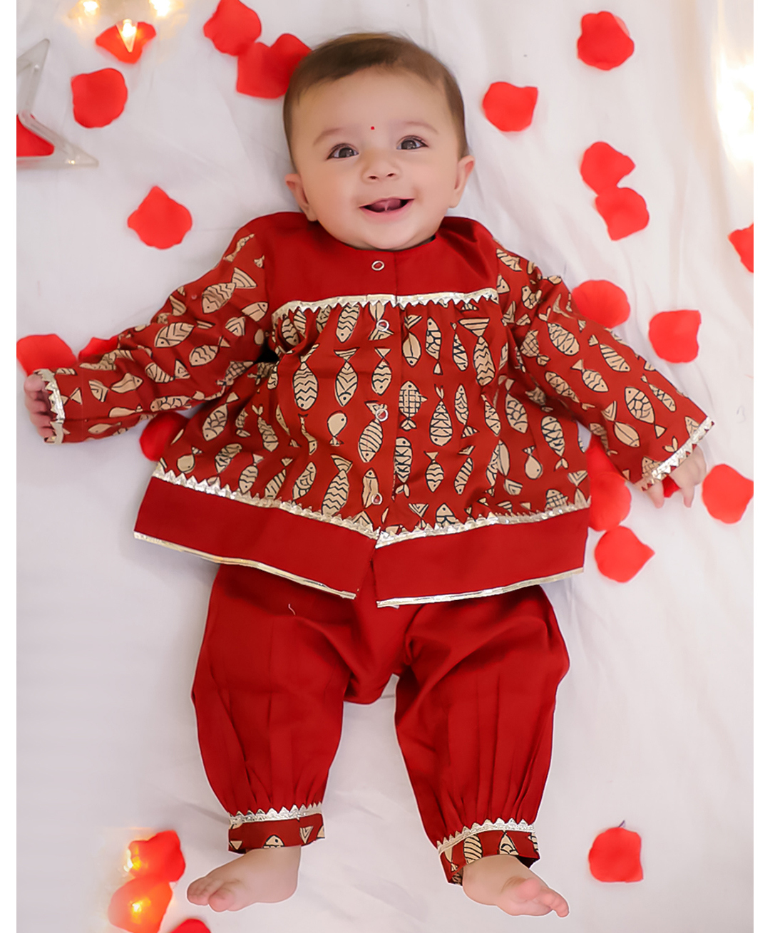 BownBee Pure Cotton Woven Full Sleeves Fishes Printed Gota Lace Embellised Kurti Pant Set - Maroon-picture-27