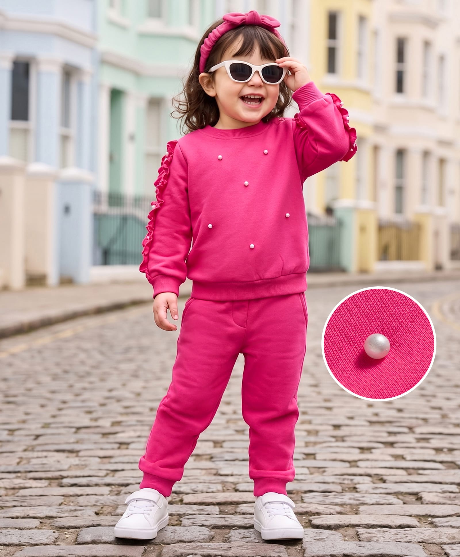Mark & Mia Fleece Knit Full Sleeves Winter Wear Suits Sweatshirt & Joggers with Pearl Studs Head Band & Frill Detailing - Dark Pink-image-9