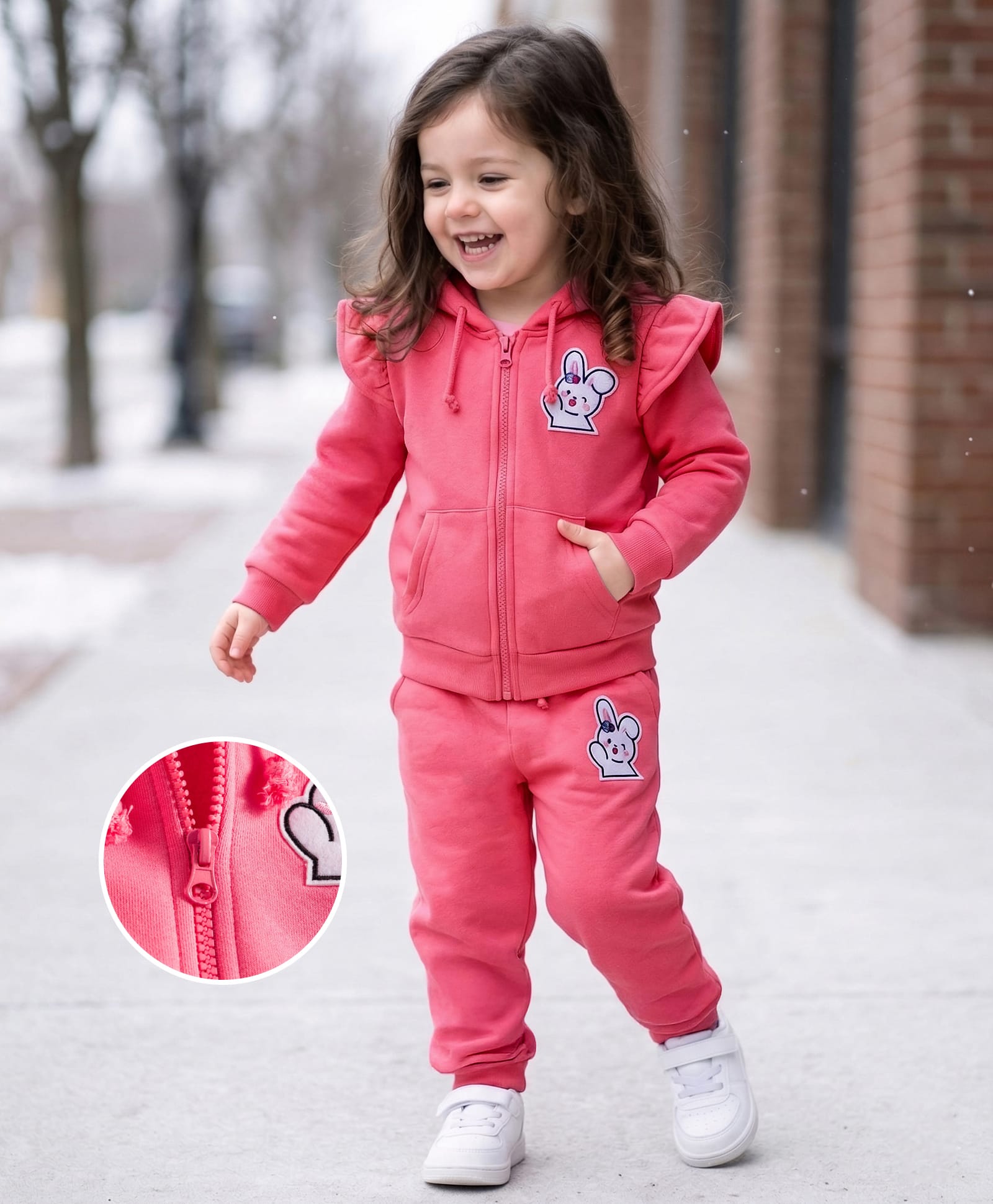 Mark & Mia Cotton Knit Full Sleeves Fleece Hooded Winter Wear Sweatshirts & Joggers Set with Bunny Patch Kangaroo Pocket & Frill Detailing - Pink-picture-12
