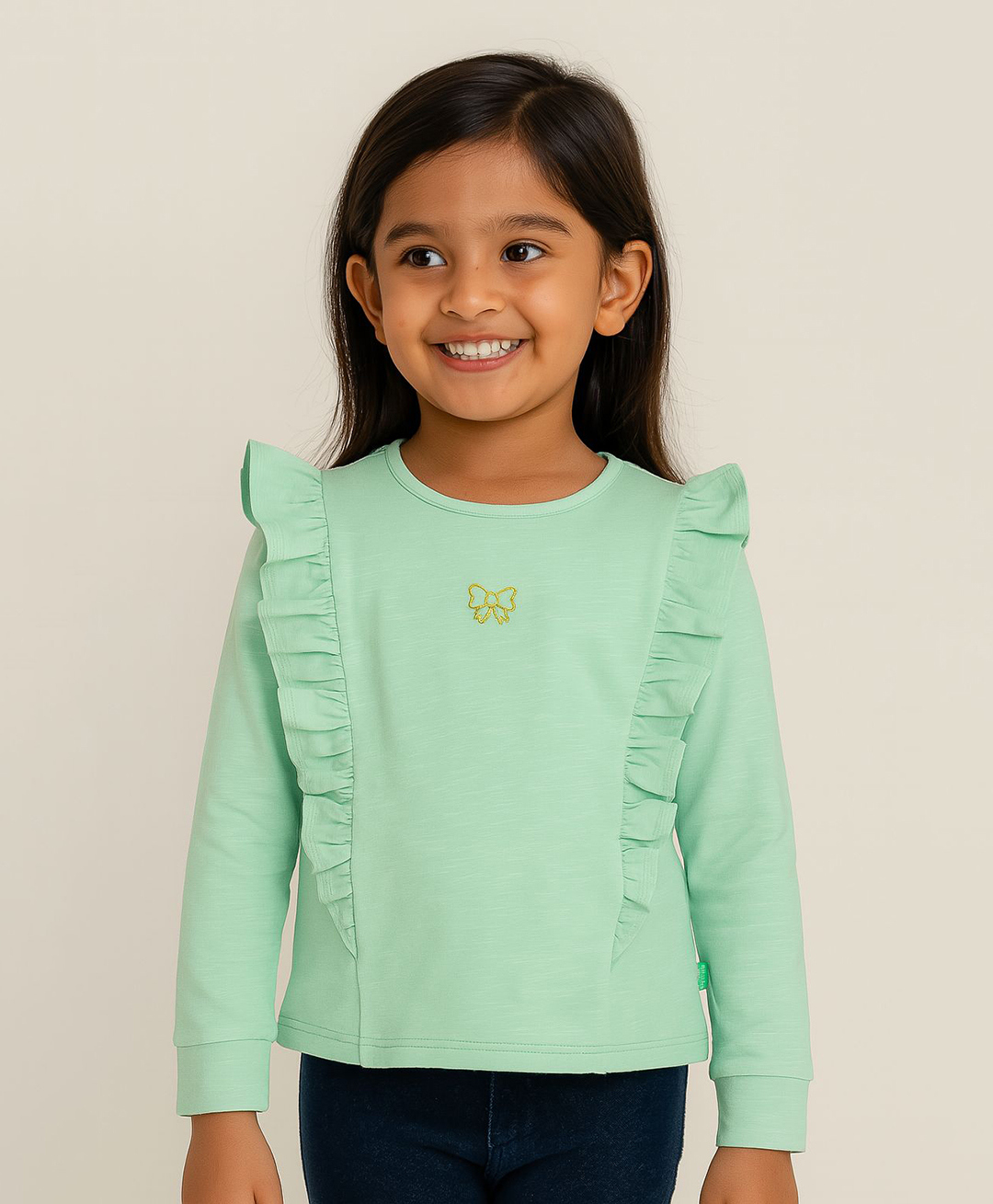 JusCubs Cotton Knit Full Sleeves Bow Embroidered & Ruffle Detailed Top - Green-picture-26