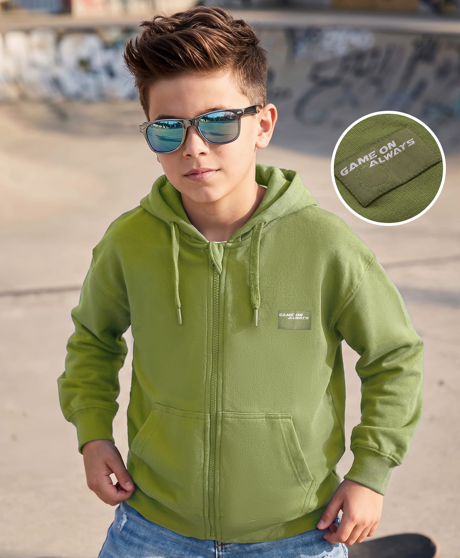 kookie kids india Kookie Kids Terry Knit Full Sleeves Hooded SweatJacket with Kangaroo Pocket & Patch Detailing - Olive Green-picture-29