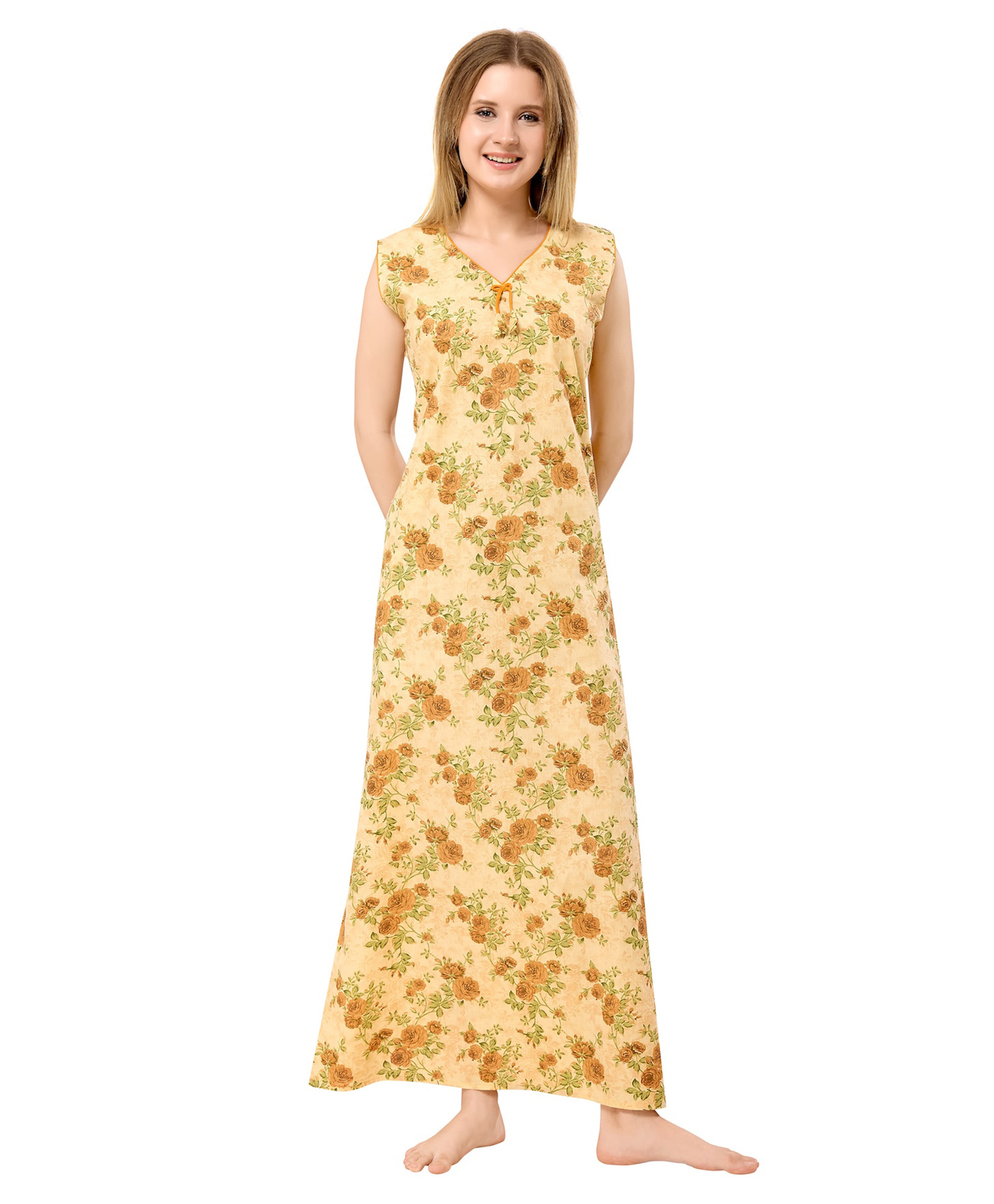 Piu Cotton Woven Sleeveless Floral Printed Maternity Nighty - Yellow-picture-26