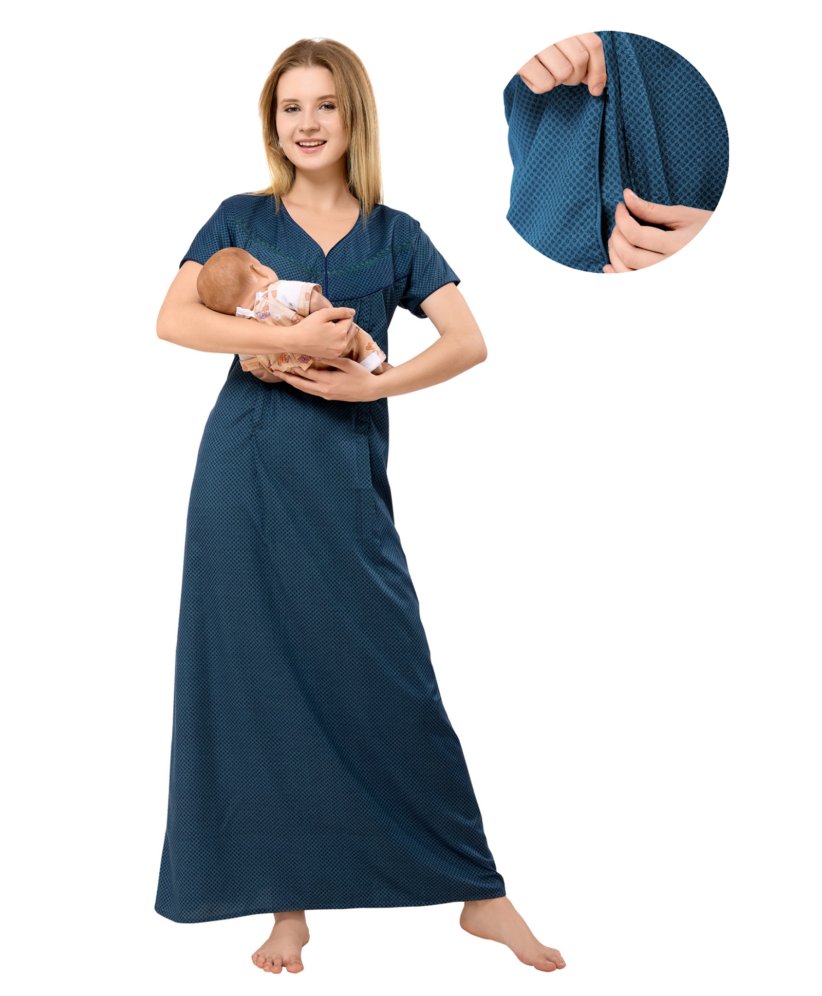 Piu Cotton Woven Half Sleeves Abstract Printed Nighty With Side Zipper Nursing Access - Pink-picture-20