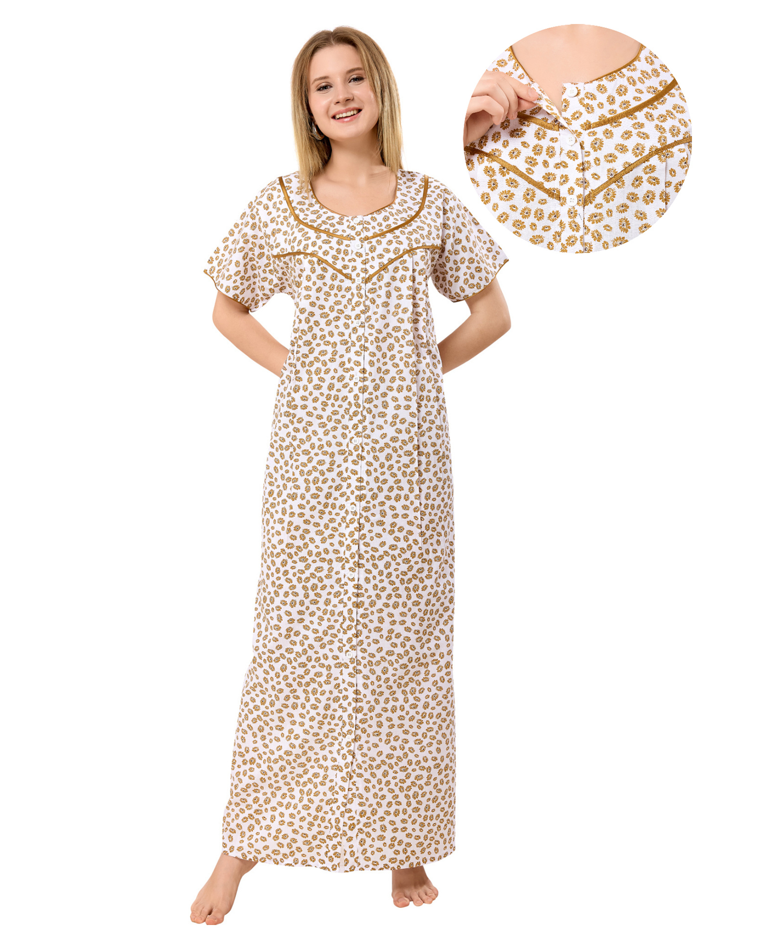 Piu Cotton Woven Half Sleeves Floral Printed Maternity Nighty With Centre Front Nursing Access - Yellow-picture-34