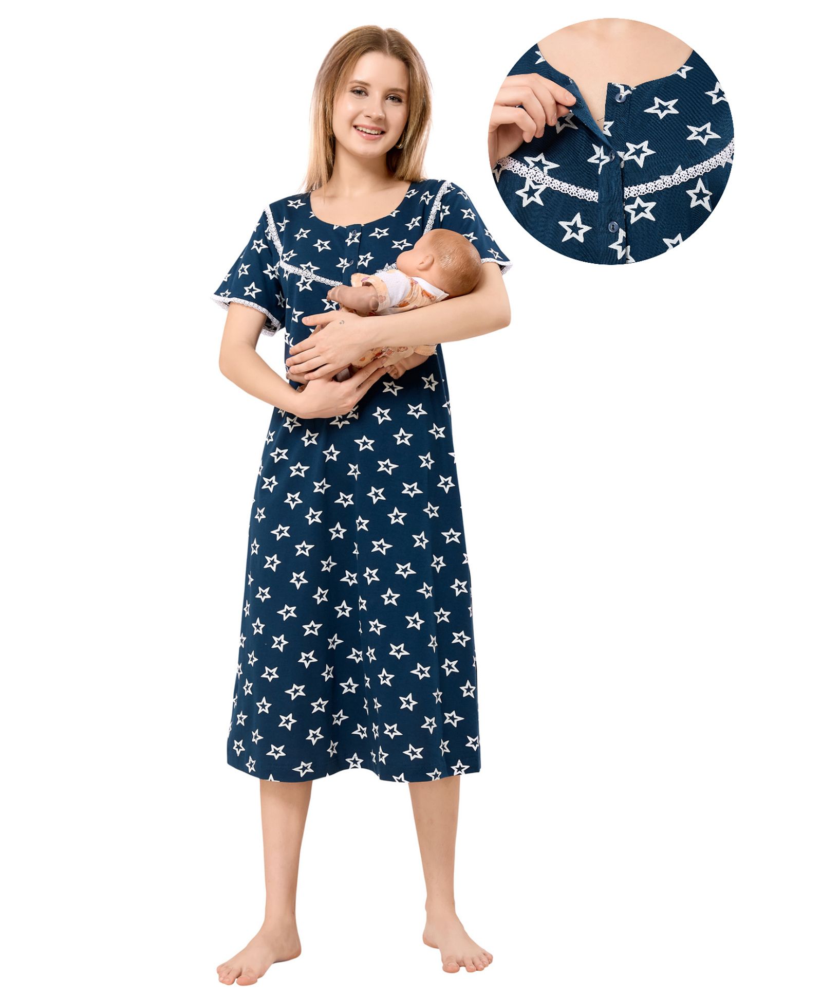 Piu Cotton Knit Half Sleeves Stars Printed Maternity Nighty With Front Open Nursing Access - Blue-image-29