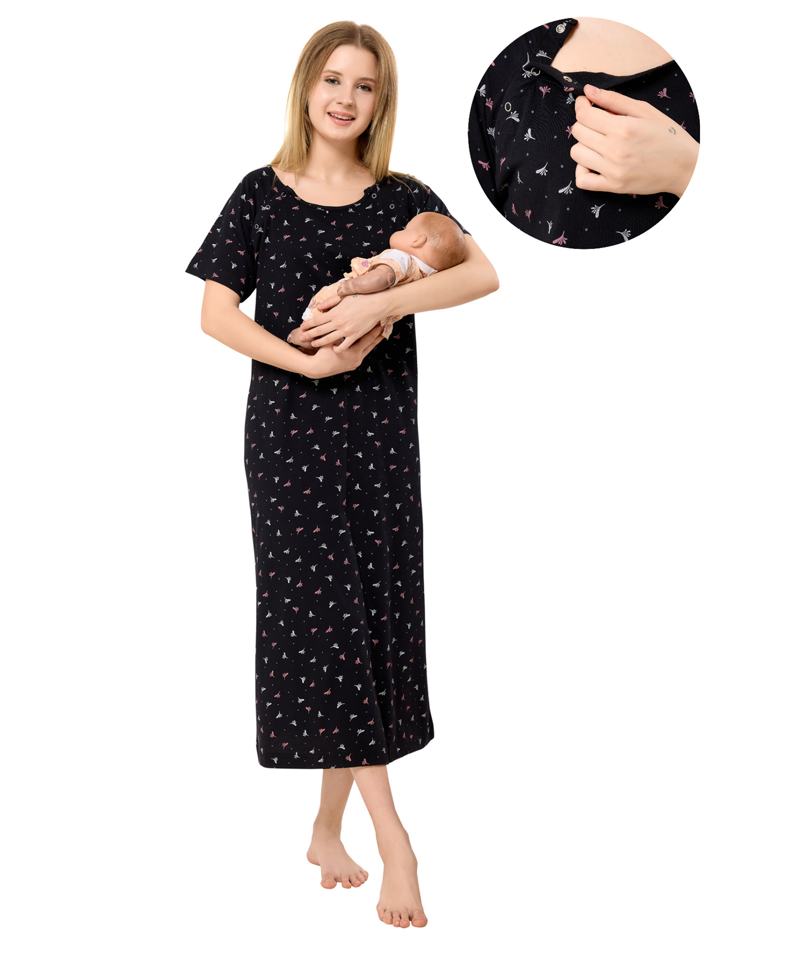 Piu Cotton Knit Half Sleeves Floral & Polka Dots Printed Maternity Nighty With Front Open Nursing Access - Black-image-33