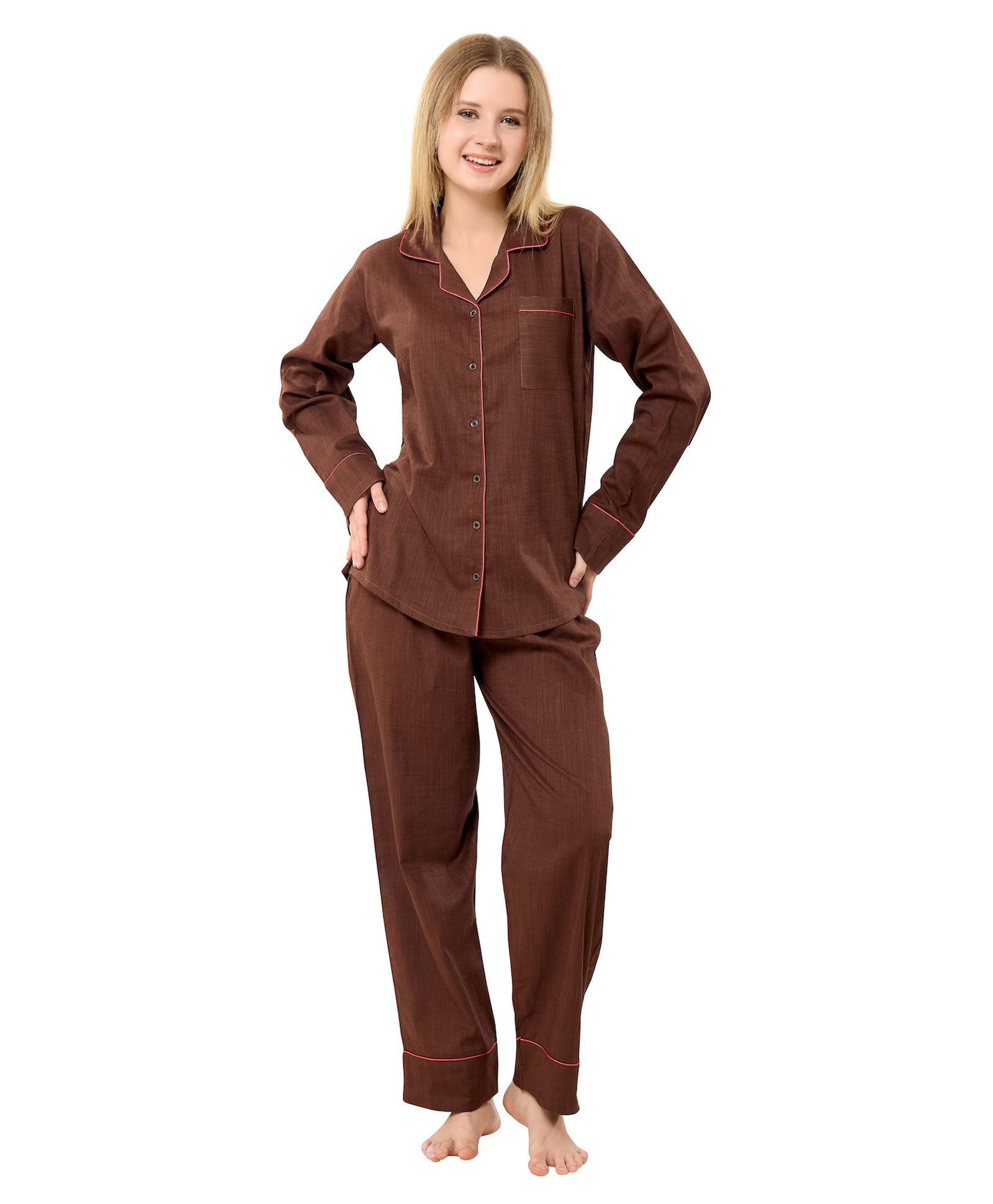 Piu Cotton Woven Full Sleeves Solid Coordinating Maternity Night Suit Set - Brown-image-41