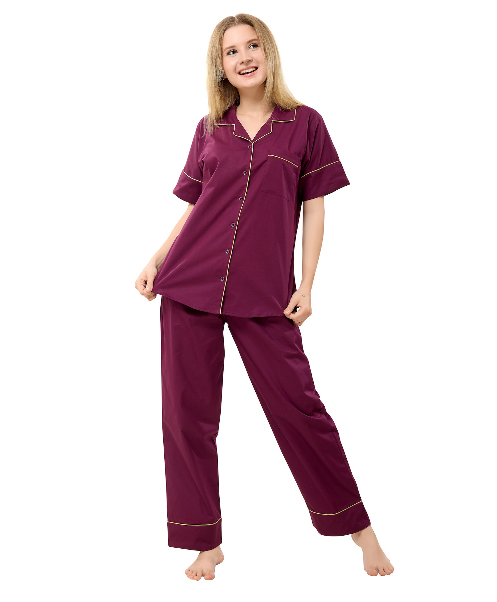 Piu Cotton Woven Half Sleeves Solid Coordinating Maternity Night Suit Set - Purple-image-10