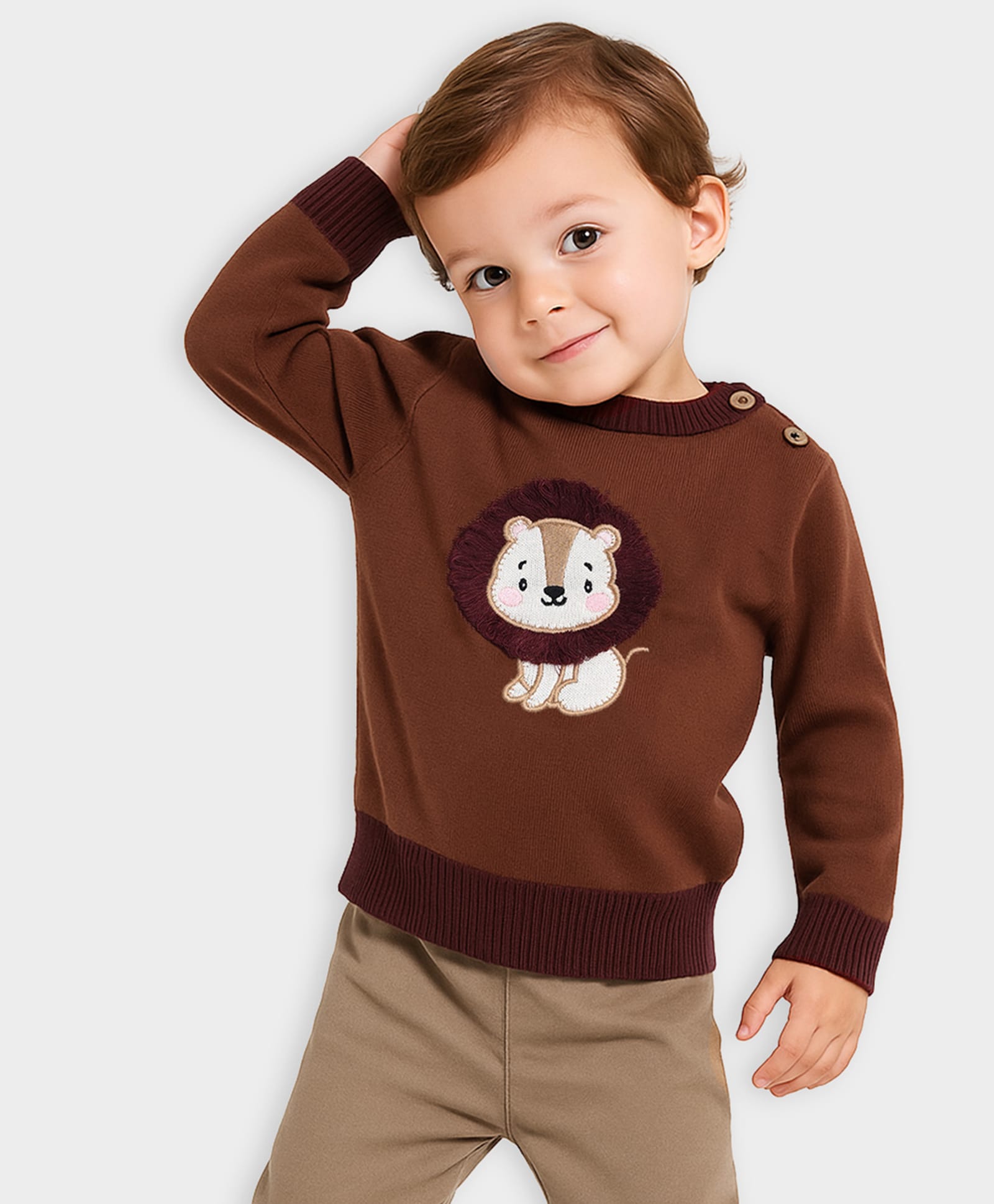 Mi Arcus 100% Cotton Knit Full Sleeves Lion Embroidered Sweater - Brown-picture-23