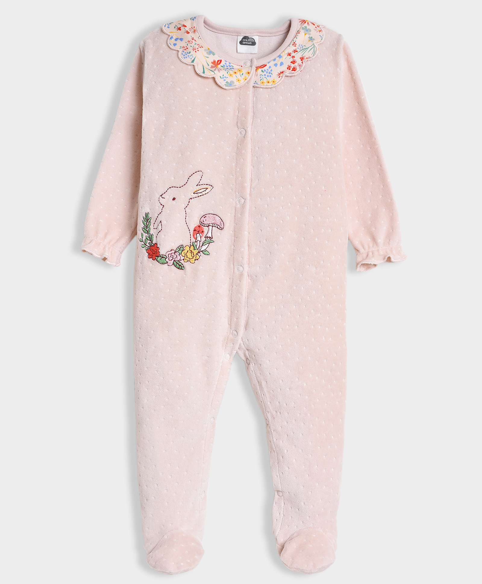 Mi Arcus Knit Full Sleeves Floral & Bunny Embroidered Peter Pan Collar Sleepsuit - Pink-image-36