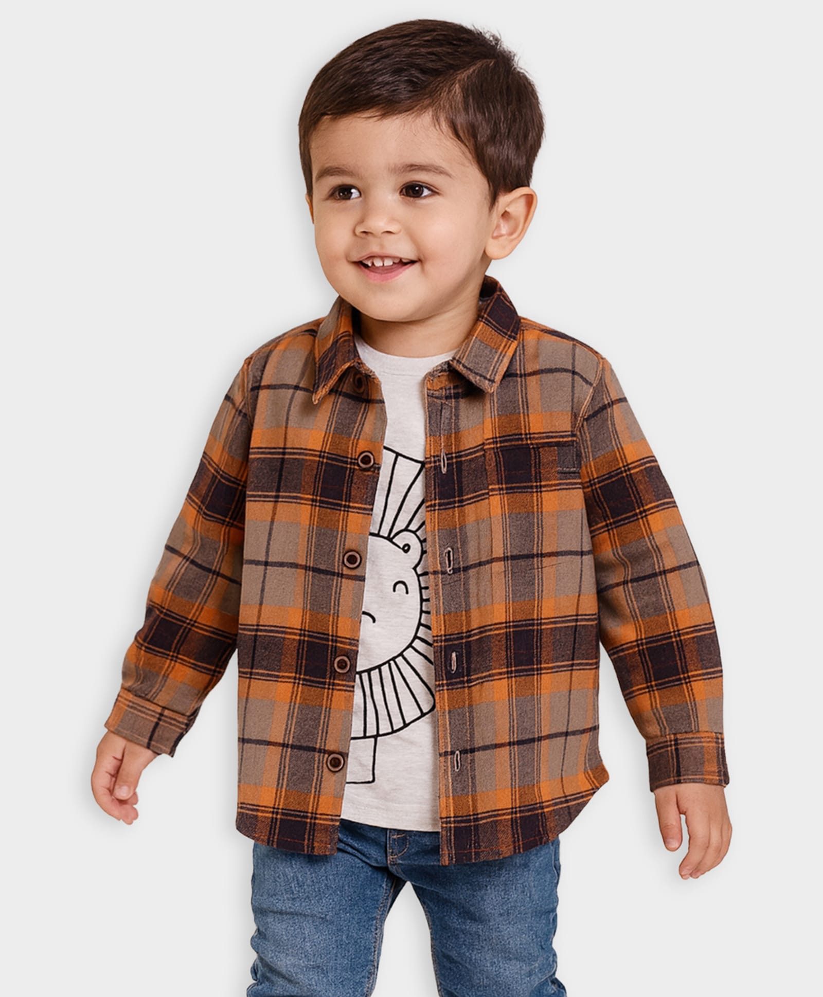 Mi Arcus 100% Cotton Knit Full Sleeves Checked Shirt & Lion Printed Tee Set - Multi Colour-image-24