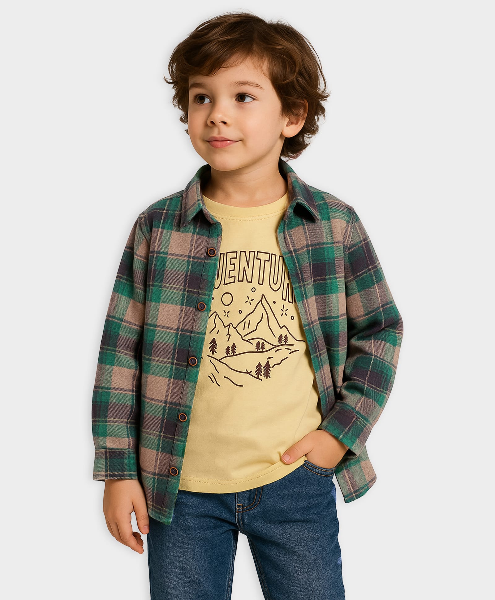 Mi Arcus 100% Cotton Knit Full Sleeves Checked Shirt With Adventure Text Printed Tee Set - Multi Colour-picture-30