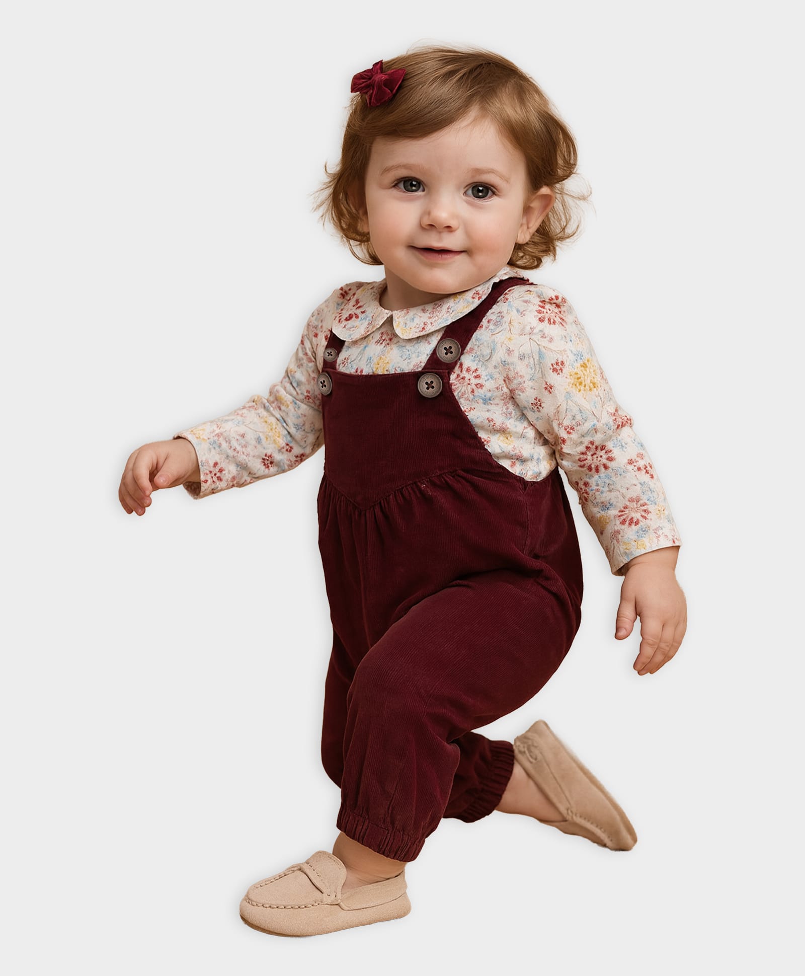 Mi Arcus Cotton Elastane Knit Solid Dungaree With Full Sleeves Floral Printed Top Set - Peach & Brown-picture-34