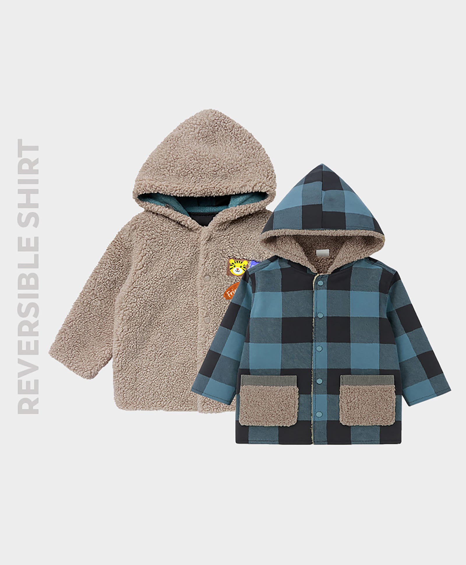 Mi Arcus Knit Full Sleeves Checked & Lion Patch Detailed Heavy Winter Reversible Jacket - Blue-image-33